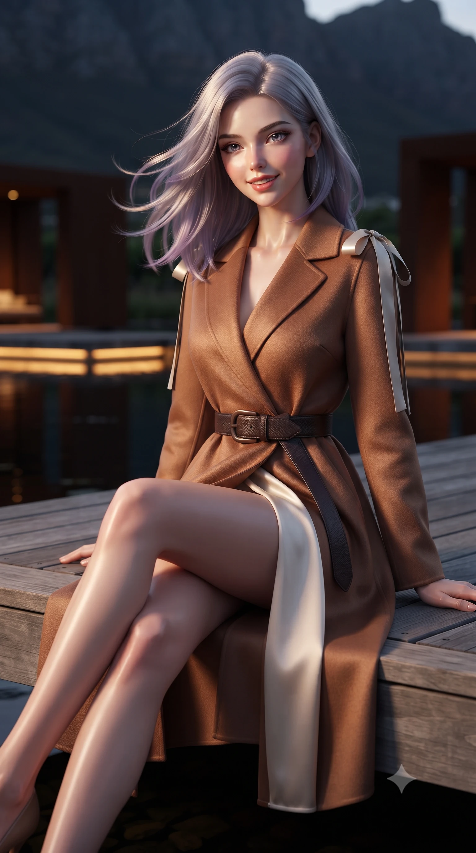 score_9, masterpiece, best quality, ultra-detailed, high-budget anime keyframe, editorial fashion photography, tasteful artistic composition, Caucasian woman. close-up cowboy shot from the waist and thighs up, the character dominates the composition, filling the frame with her large presence. turning slowly with an enchanting smoldering smile, her glossy hair tossing in the breeze as her hips angle gracefully in a captivating contrapposto while sitting gracefully on the floating timber dock with legs extended, flashing a radiant, playful smile with parted glossy lips. The background shows a soft-focus geometric Corten steel pavilions reflecting into dark lily pond waters, dark silhouettes of the Simonsberg mountains, blurred into copper, jade, and obsidian bokeh. She has an exceptionally elegant, slender, and willowy female figure with an ultra-slim waist, flat toned midriff, narrow ribcage, and sculpted feminine hips creating an alluring, slim hourglass silhouette without bulk. sharp v-shaped jawline, high-bridge nose, intricate jewel-like sparkling eyes with depth, thick eyelashes, glossy parted lips with a natural peach sheen, bright cheerful beaming smile with an enchanting and coquettish sensual glint, exuding both youthful cute charm and seductive allure, flawlessly proportioned anatomical accuracy, strict slender model proportions, natural body alignment, perfectly sculpted long slender limbs, ultra-slim waistline, clean dynamic posture without body distortion. wearing an elegant high-collar Tuscan cashmere wrap coat dress cinched with an artisanal leather buckle belt in antique bronze copper and dewy ivory silk, crafted from bespoke double-faced cashmere with an exceptionally soft tactile finish, finished with satin ribbon ties at the shoulders fluttering in the gentle breeze, the impeccably tailored cut draping gracefully along her slender figure with aristocratic poise. bathed in the warm 2700K linear architectural cove lights concealed beneath floating pathways. ultra-reflective glossy finish, specular highlights, rich textural contrasts, high-contrast stereoscopic depth, volumetric dynamic lighting, 2k, ultra detail, master piece, 9:16 ratio
