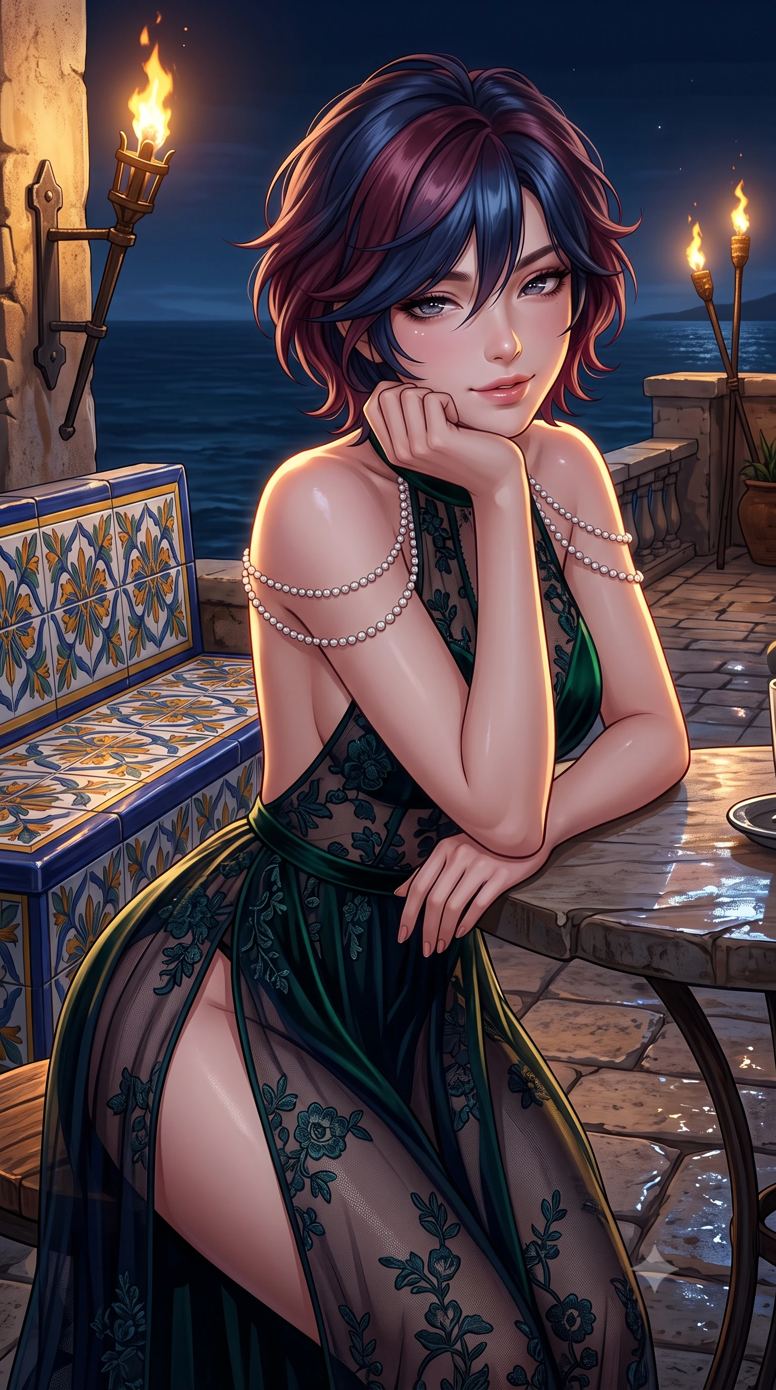 score_9, masterpiece, best quality, ultra-detailed, high-budget anime keyframe, semi-realistic 3D game render, editorial fashion photography, tasteful artistic composition, Korean woman. close-up cowboy shot from the waist and thighs up, the character dominates the composition, filling the frame with her large presence. resting one elbow on the table and supporting her chin, leaning close to the camera with heavy-lidded sparkling eyes and parted lips while standing poised on the cantilevered sea terrace beside the hand-painted ceramic tiled bench, arching her spine with siren elegance as oil torches flicker against the dark water. The surrounding environment is rendered in vivid detail and crisp panoramic clarity: sharp glazed ceramic tile Mediterranean floral motifs, hand-forged torch brackets, and limestone paving relief in deep focus. She has an exceptionally elegant, slender, and willowy female figure with an ultra-slim waist, flat toned midriff, narrow ribcage, and sculpted feminine hips creating an alluring, slim hourglass silhouette without bulk. sharp v-shaped jawline, high-bridge nose, intricate jewel-like sparkling eyes with depth, thick eyelashes, glossy parted lips with a natural peach sheen, bright cheerful beaming smile with an enchanting and coquettish sensual glint, exuding both youthful cute charm and seductive allure, flawlessly proportioned anatomical accuracy, strict slender model proportions, natural body alignment, perfectly sculpted long slender limbs, ultra-slim waistline, clean dynamic posture without body distortion. wearing a backless sheer chiffon peignoir gown with deep side slits clinging softly to her dewy skin in Mayfair midnight noir and emerald velvet green, made of delicate embroidered tulle lace with intricate floral motifs and soft transparency, accented with a pearl-drop body harness subtly framing her dewy collarbones and spine, the liquid-tight tailored fabric clinging flawlessly to her narrow waist and rounded feminine hips, emphasizing every millimeter of her sculpted slim hourglass curves without any bulky heaviness. illuminated by terrace tile reflection bounce and sharp flame-gold rim lights sculpting her razor-sharp jawline, narrow waist, and curvy hips. highly saturated vibrant anime colors, detailed shading with soft gradients, rich glossy textures, high-contrast stereoscopic depth, volumetric dynamic lighting, master piece, 9:16 ratio