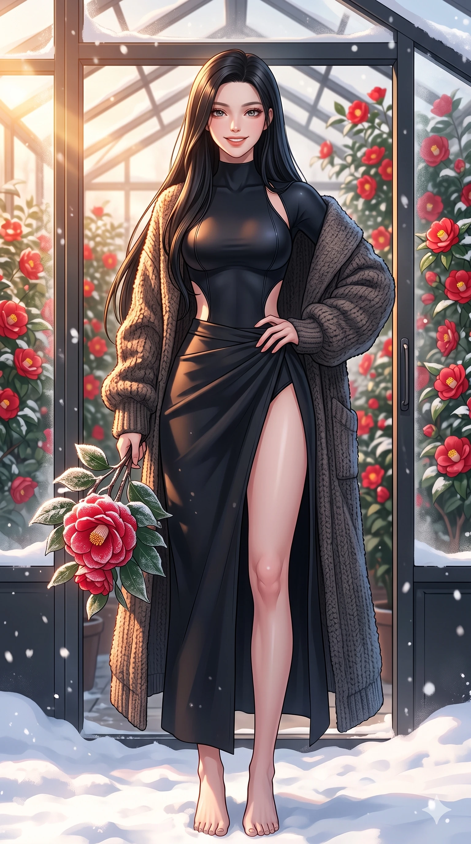 score_9, masterpiece, best quality, ultra-detailed, high-budget anime keyframe, vibrant anime aesthetic, Korean woman. cowboy shot from the thighs up, character and outfit filling the frame for maximum presence. She is standing proud and tall in snow, her face lit by a warm, lively smile of confidence inside a modern greenhouse filled with red camellias (Code-P21-091). She has an absolutely perfect 8-heads proportion, an exceptionally tall and slender female figure with impossibly long slender legs and an ultra-slim waist. V-shaped jawline, high-bridge nose, intricate jewel-like eyes with depth, thick eyelashes, glossy lips with a natural sheen. wearing a neoprene bodysuit with side cut-outs and high-slit wrap in winter cabin. She is illuminated by warm, golden sun rays highlighting the textures of her cozy coat. 2k, ultra detail, master piece, 9:16 ratio