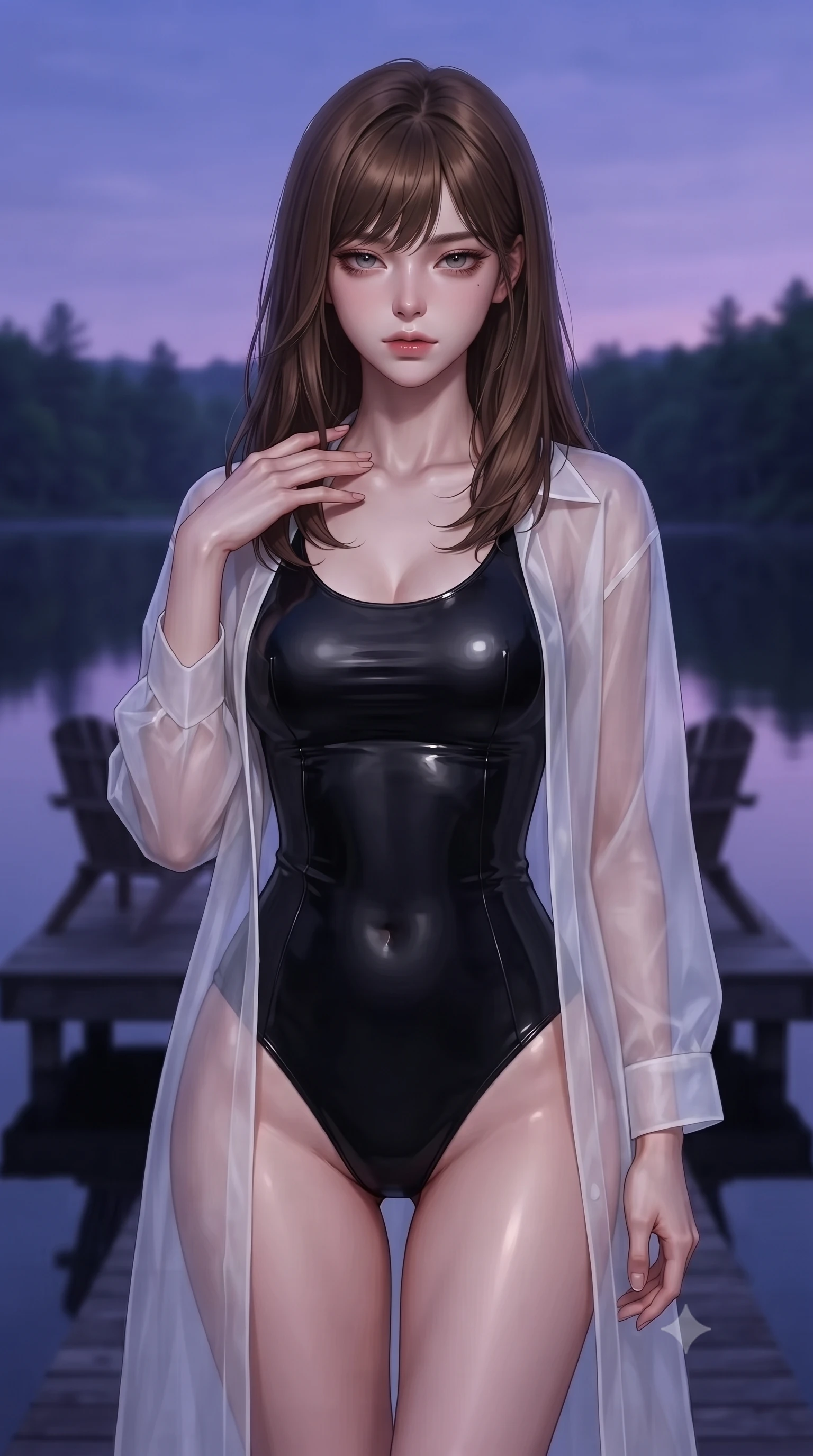 score_9, masterpiece, best quality, ultra-detailed, high-budget anime keyframe, editorial fashion photography, tasteful artistic composition, Korean woman woman. close-up cowboy shot from the waist and thighs up, the character dominates the composition, filling the frame with her large presence, background elements kept in soft focus. standing with one hand resting on her collarbone, looking at the viewer with bedroom-eyes the background shows a soft-focus a simple dark wood deck extending over a calm forest lake, with two chairs. She has an exceptionally elegant, slender, and willowy female figure with an ultra-slim waist, a gracefully sculpted slender torso, and a refined silhouette. sharp v-shaped jawline, high-bridge nose, intricate jewel-like eyes with depth, thick eyelashes, glossy lips with a natural sheen. wearing a slim-fit sheer white organza resort cover-up worn over a form-fitting one-piece swimsuit, showing her elegant clavicle lines. the serene purple and blue hues of twilight reflecting on the still water. ultra-reflective glossy finish, specular highlights, metallic sheen, high-contrast stereoscopic depth, volumetric dynamic lighting, 2k, ultra detail, master piece, 9:16 ratio