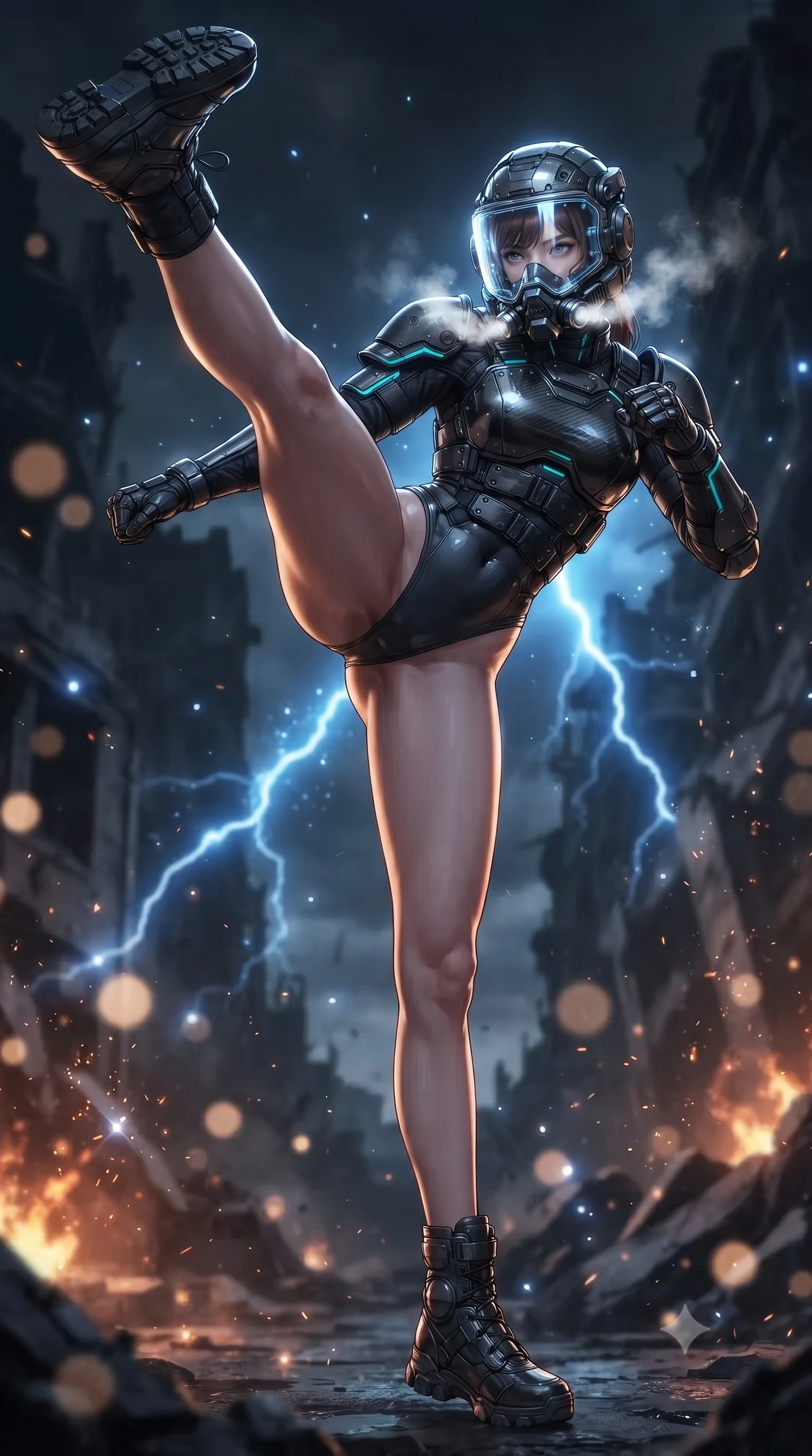 score_9, masterpiece, best quality, ultra-detailed, high-budget anime keyframe, editorial fashion photography, tasteful artistic composition, Korean woman. low angle full-body shot from head to toe showing her feet, filling the entire 9:16 vertical frame with her statuesque presence, stretching her vertical silhouette. executing a breathtaking zero-gravity high-kick with full 180-degree vertical extension, her impossibly long slender legs dominating the frame with razor-sharp poise while pivoting dynamically as her half-face rebreather vents glowing white vapor, her captivating eyes locked onto the viewer with fierce intent. The composition keeps background elements in soft focus with creamy bokeh. sparkling electrical plasma motes scattering celestial brilliance across a dark ruined backdrop. She has an absolutely perfect, statuesque 8.5-heads proportion, an exceptionally tall and slender model-like female figure with impossibly long slender legs, a toned flat midriff, and an ultra-slim waist. sharp v-shaped jawline, high-bridge nose, intricate jewel-like eyes with depth, thick eyelashes, glossy lips with a natural sheen, fierce and resolute heroine expression, flawlessly proportioned anatomical accuracy, strict slender model proportions, natural body alignment, perfectly sculpted long slender limbs, ultra-slim waistline, clean dynamic posture without body distortion. wearing a crystal-clear transparent armored riot-visor helmet showing her entire beautiful face and determined expression with pristine clarity, paired with a heavy modular carbon-fiber combat cuirass paired with a second-skin tactical leotard and reinforced titanium shoulder pauldrons in matte battle-worn obsidian carbon with electric cyan hazard conduits, formed from high-gloss patent carbon-plating with specular dystopian chiaroscuro reflections, complemented by criss-cross back harness straps highlighting her completely bare spine, the sleek second-skin cut tightly hugging her graceful clavicle, narrow waist, and feminine curves with athletic precision. bathed in blinding blue EMP lightning flash backlighting and warm amber crater ember glow. ultra-reflective glossy finish, specular highlights, dark metallic sheen, high-contrast stereoscopic depth, volumetric dynamic lighting, 2k, ultra detail, master piece, 9:16 ratio