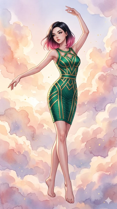 score_9, masterpiece, best quality, ultra-detailed, high-budget anime keyframe, editorial fashion photography, tasteful artistic composition, Korean woman. low angle full-body shot from head to toe showing her feet, filling the entire 9:16 vertical f