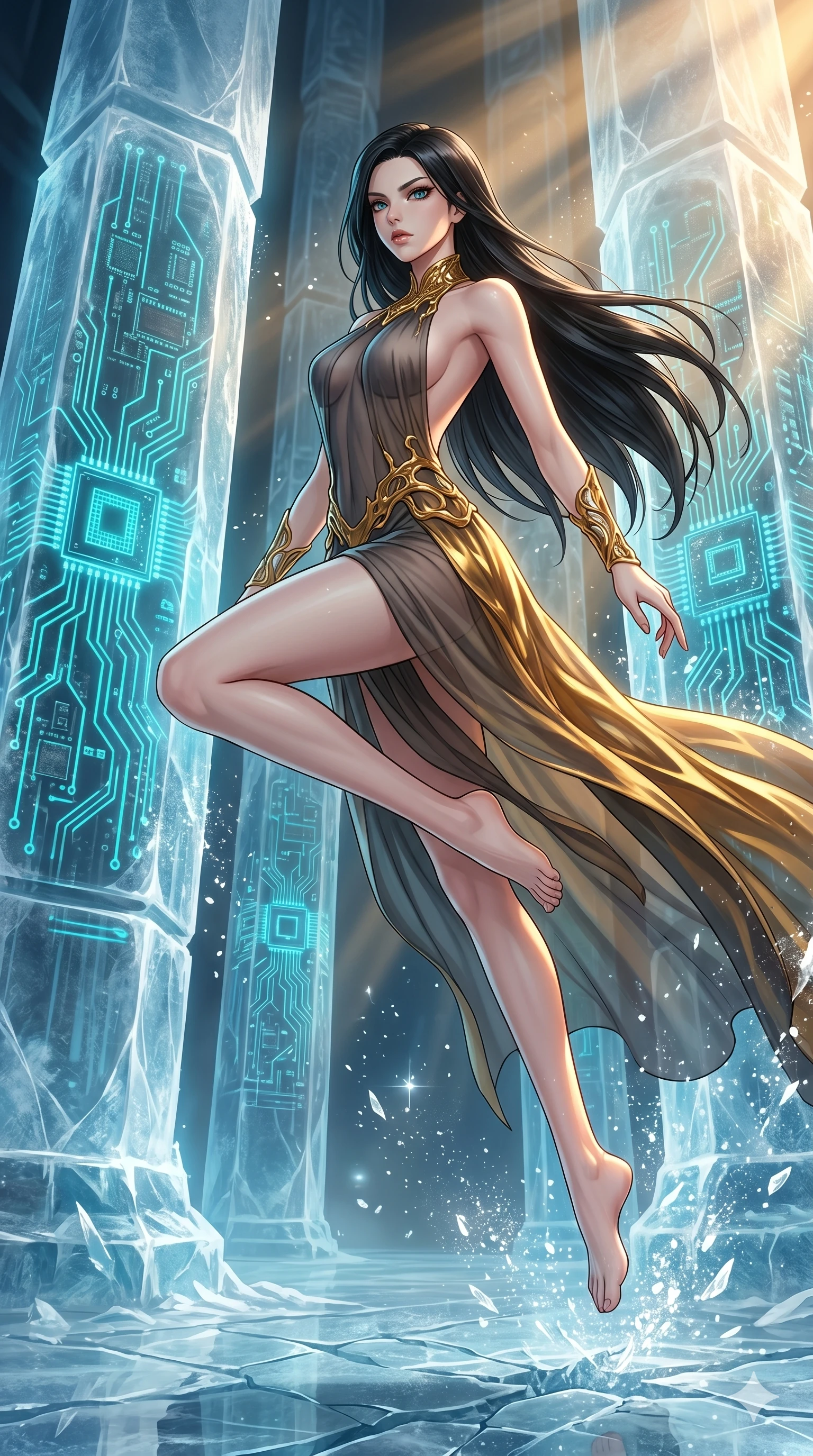 score_9, masterpiece, best quality, ultra-detailed, high-budget anime keyframe, Japanese woman. low angle full-body shot filling the entire 9:16 frame with her statuesque presence, stretching the vertical silhouette. leaping inside a sub-zero cybernetic ice temple, where glowing neon cyan computer circuit boards are frozen within transparent ice pillars, fracturing ice crystals into sparkles around her. She has an absolutely perfect 8-heads proportion, an exceptionally tall and slender female figure with impossibly long slender legs and an ultra-slim waist. V-shaped jawline, high-bridge nose, intricate jewel-like eyes with depth, thick eyelashes, glossy lips with a natural sheen.. wearing a molten gold and chiffon gown, featuring organic liquid gold collar and cuffs on a translucent charcoal-gray halter neck chiffon gown with a deep backless design. showcasing a beautiful play of light and shadow, with warm golden rays clashing against cool cyan highlights. 2k, ultra detail, master piece, 9:16 ratio