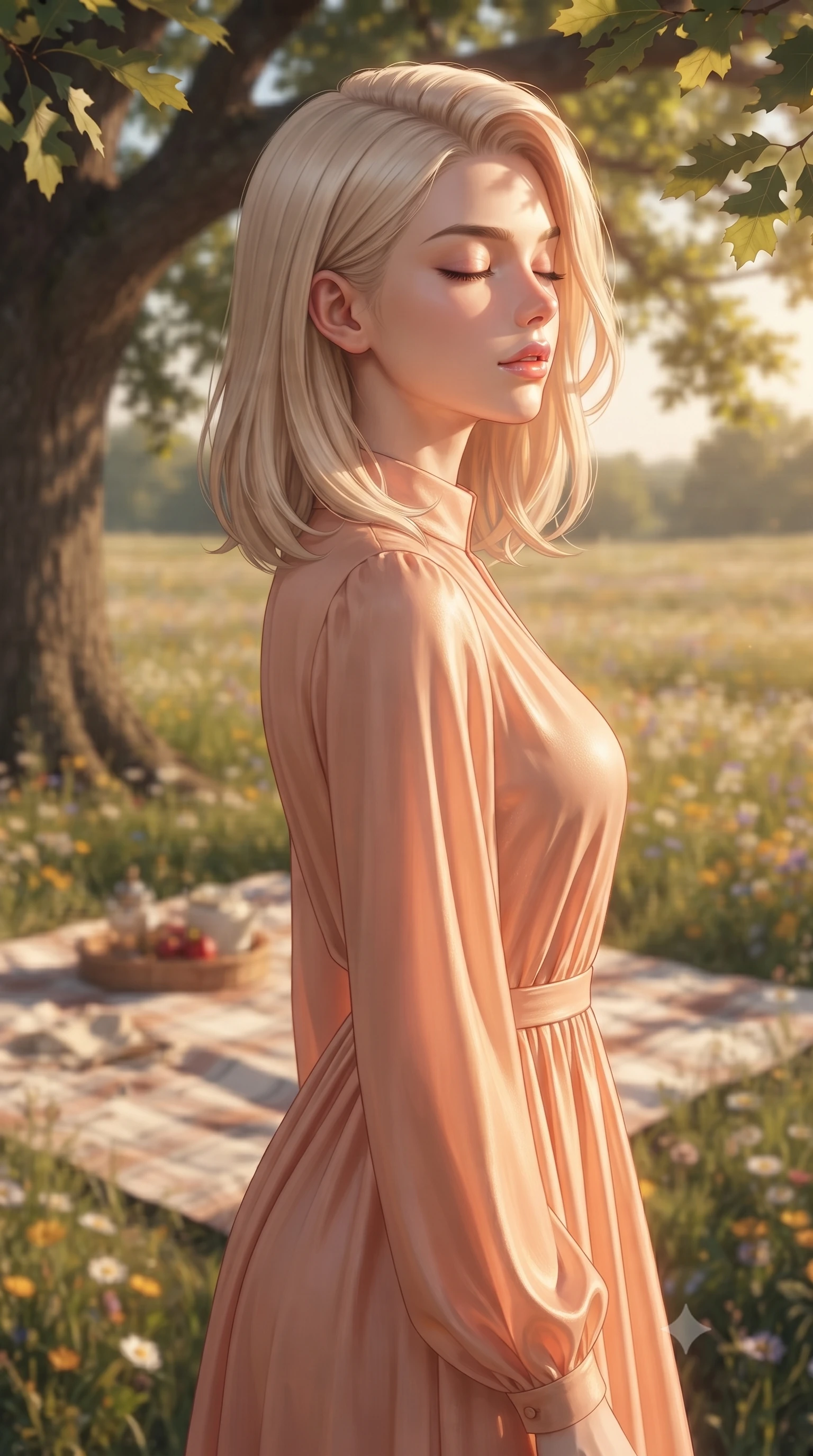 score_9, masterpiece, best quality, ultra-detailed, high-budget anime keyframe, editorial fashion photography, tasteful artistic composition, Caucasian woman woman. close-up cowboy shot from the waist and thighs up, the character dominates the composition, filling the frame with her large presence, background elements kept in soft focus. turning her face in profile to catch the warm sunlight on her cheek, eyes softly closed the background shows a soft-focus a picnic blanket under the shade of a large oak tree in a vast field of wildflowers. She has an exceptionally elegant, slender, and willowy female figure with an ultra-slim waist, a gracefully sculpted slender torso, and a refined silhouette. sharp v-shaped jawline, high-bridge nose, intricate jewel-like eyes with depth, thick eyelashes, glossy lips with a natural sheen. wearing a tailored flowy peach-colored chiffon maxi dress with long sleeves and a high collar. warm golden afternoon sunbeams filtering through the oak leaves. ultra-reflective glossy finish, specular highlights, metallic sheen, high-contrast stereoscopic depth, volumetric dynamic lighting, 2k, ultra detail, master piece, 9:16 ratio