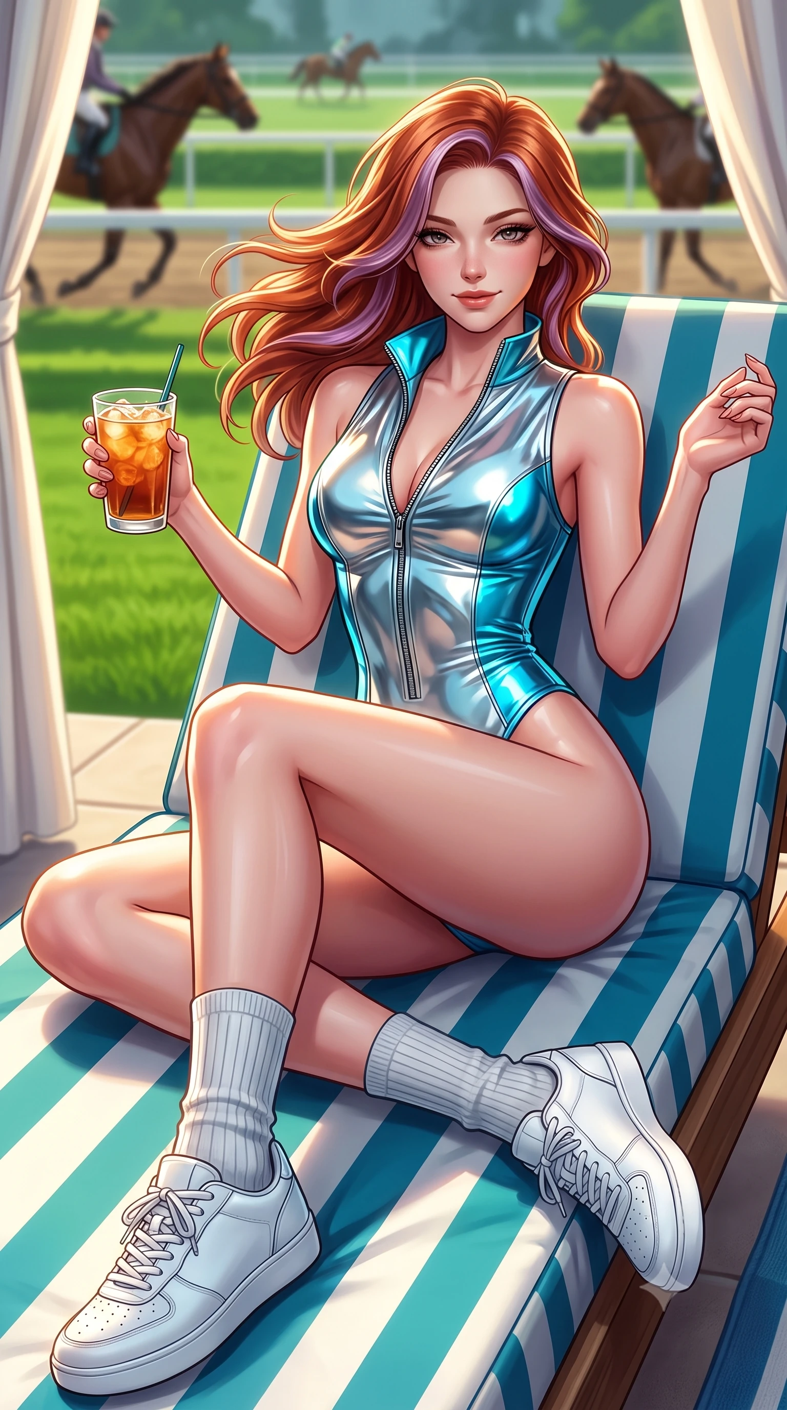 score_9, masterpiece, best quality, ultra-detailed, high-budget anime keyframe, semi-realistic 3D game render, editorial fashion photography, tasteful artistic composition, Caucasian woman. close-up cowboy shot from the waist and thighs up, the character dominates the composition, filling the frame with her large presence. turning slowly with a smoldering smile, her glossy hair tossing in the breeze as her hips angle gracefully in a captivating contrapposto while lounging in a poolside striped cabana daybed with one knee bent, holding an iced cocktail with effortless Palm Beach old-money coolness. The background shows a soft-focus thoroughbred horses trotting along green exercise tracks softened in aristocratic equestrian shallow focus. She has an exceptionally elegant, slender, and willowy female figure with an ultra-slim waist, flat toned midriff, narrow ribcage, and sculpted feminine hips creating an alluring, slim hourglass silhouette without bulk. sharp v-shaped jawline, high-bridge nose, sparkling eyes with athletic focus and depth, thick curled eyelashes, glossy parted lips with a natural coral-peach sheen, bright confident and coquettish smile with alluring bedroom-eyes, exuding both youthful sporty vigor and sovereign high-society glamour, flawlessly proportioned anatomical accuracy, strict slender model proportions, natural body alignment, perfectly sculpted long slender limbs, ultra-slim waistline, clean dynamic posture without body distortion. wearing a modern paddock jumpsuit with zip-down front collar and high-cut leg openings in sleek stretch jersey in metallic liquid silver and electric cyan, made of high-gloss reflective patent leather with mirror-like specular highlights, complemented by ribbed knit crew socks and clean white designer court sneakers, the glove-like aerodynamic silhouette tightly following the natural contour of her hips and long slender legs with youthful 8.5-heads elegance. illuminated by green lawn bounce fill and sharp warm-gold rim lights defining her sculpted collarbones, ultra-slim waist, and curvy hips. highly saturated vibrant anime colors, detailed shading with soft gradients, rich glossy textures, high-contrast stereoscopic depth, volumetric dynamic lighting, master piece, 9:16 ratio