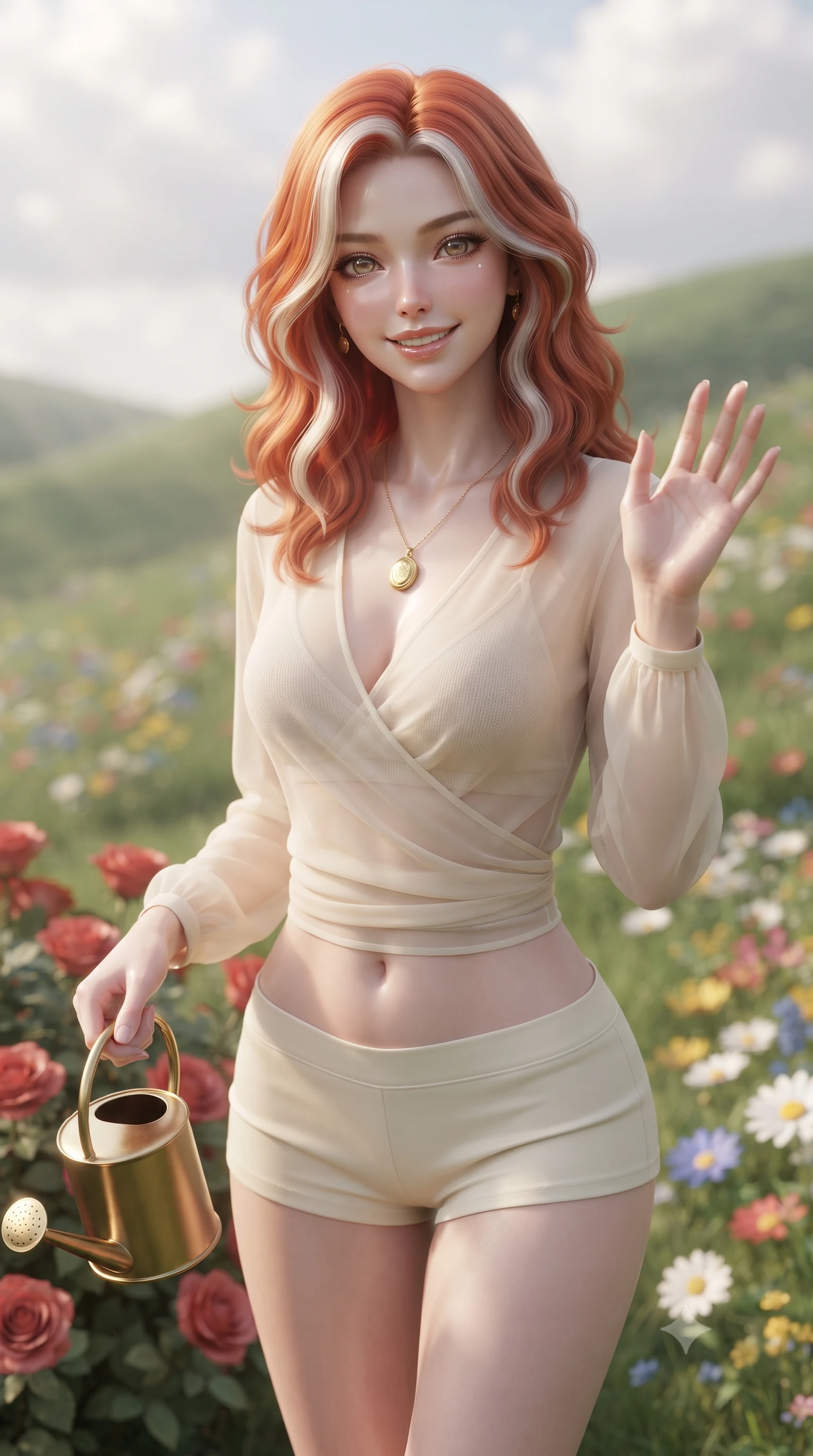score_9, masterpiece, best quality, ultra-detailed, high-budget anime keyframe, editorial fashion photography, tasteful artistic composition, Caucasian woman. close-up cowboy shot from the waist and thighs up, the character dominates the composition, filling the frame with her large presence, background elements kept in soft focus. flashing a sweet, beaming smile while waving one hand gently toward the camera set against a soft-focus background of on a gentle green hillside covered with colorful wildflowers and daisies holding a small watering can next to a bed of red roses. She has an exceptionally elegant, slender, and willowy female figure with an ultra-slim waist, a gracefully sculpted slender torso, and a refined silhouette. sharp v-shaped jawline, high-bridge nose, intricate jewel-like eyes with depth, thick eyelashes, glossy lips with a natural sheen. wearing form-contouring sheer chiffon wrap top in cream, worn over a slim-fit knit bralette and low-cut shorts. soft afternoon sunbeams filtering through light clouds, casting gentle shadows. ultra-reflective glossy finish, specular highlights, metallic sheen, high-contrast stereoscopic depth, volumetric dynamic lighting, 2k, ultra detail, master piece, 9:16 ratio