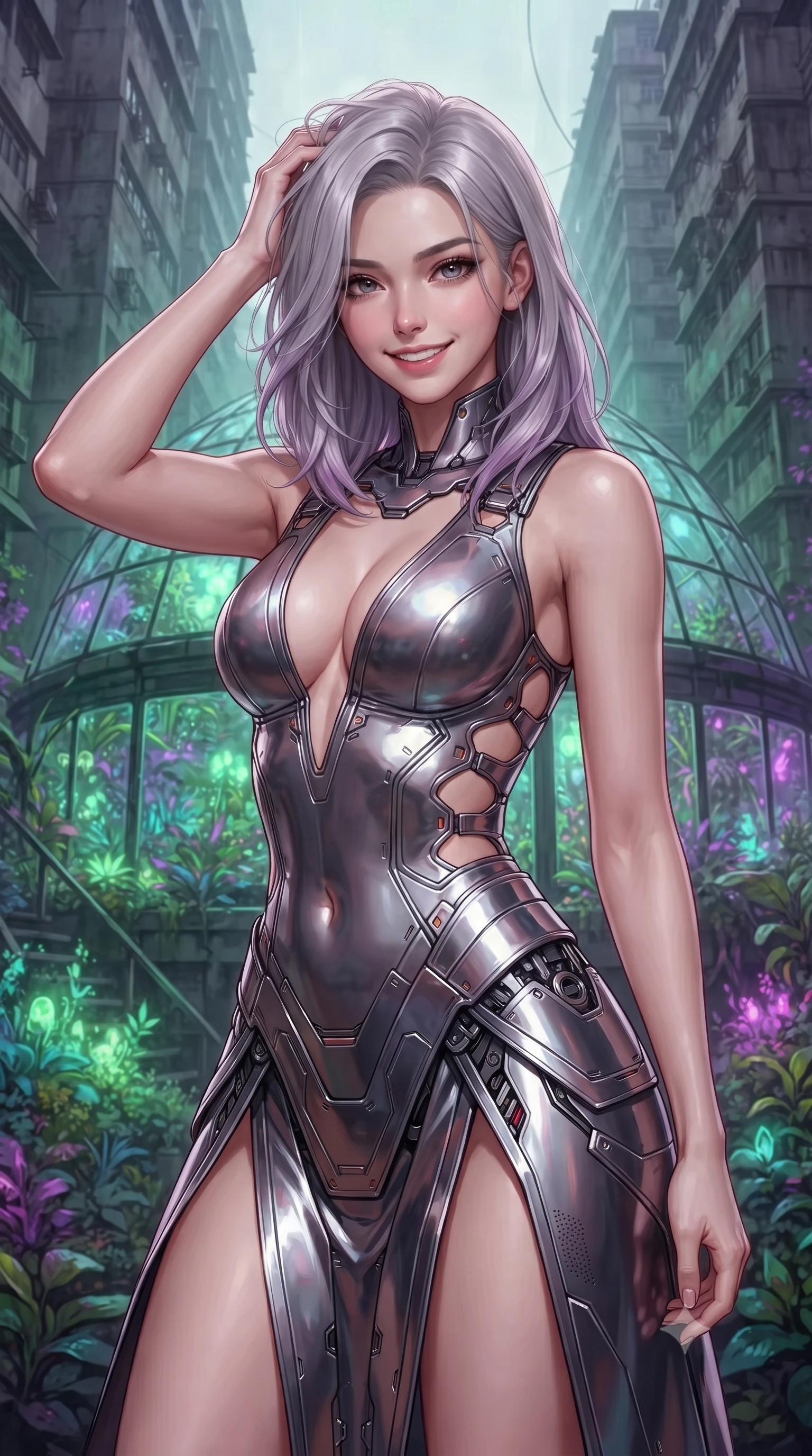 score_9, masterpiece, best quality, ultra-detailed, high-budget anime keyframe, editorial fashion photography, tasteful artistic composition, Caucasian woman. close-up cowboy shot from the waist and thighs up, the character dominates the composition, filling the frame with her large presence, background elements kept in soft focus. slowly running a hand through her hair, smiling with quiet, magnetic self-assurance directly into the camera, the background shows a soft-focus a cybernetic greenhouse dome hidden between concrete tenements. She has an exceptionally elegant, slender, and willowy female figure with an ultra-slim waist, a gracefully sculpted slender torso, and a refined silhouette. sharp v-shaped jawline, high-bridge nose, intricate jewel-like eyes with depth, thick eyelashes, glossy lips with a natural sheen. wearing a body-hugging deep plunging-V neck bodycon armor top, featuring keyhole cutouts along the ribs and a thigh-slit wrap skirt. soft green and purple bioluminescent plant glow casting an organic, eerie wash. ultra-reflective glossy finish, specular highlights, metallic sheen, high-contrast stereoscopic depth, volumetric dynamic lighting, 2k, ultra detail, master piece, 9:16 ratio