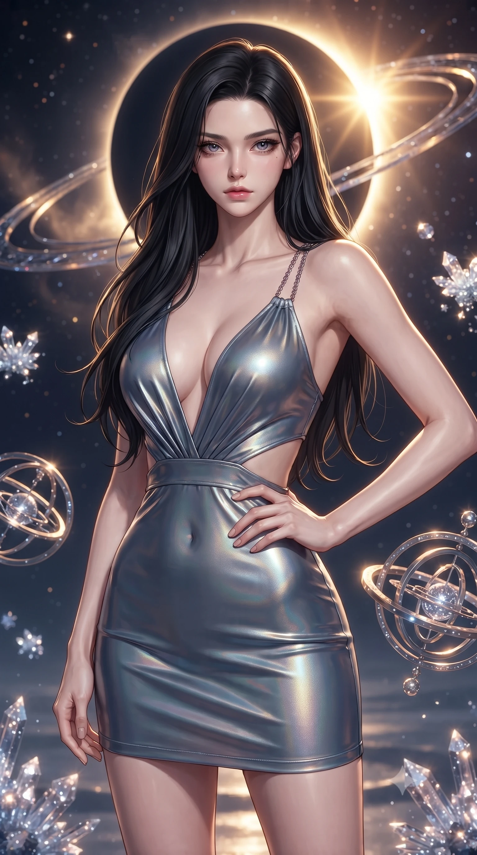 score_9, masterpiece, best quality, ultra-detailed, high-budget anime keyframe, editorial fashion photography, tasteful artistic composition, Korean woman. close-up cowboy shot from the waist and thighs up, the character dominates the composition, filling the frame with her large presence, background elements kept in soft focus. Holding a confident power pose with one hand on her hip, gazing directly into the camera with quiet intensity surrounded by floating armillary spheres and glowing starlight crystals, a cosmic eclipse casting brilliant golden rim highlights. She has an exceptionally elegant, slender, and willowy female figure with an ultra-slim waist, a gracefully sculpted slender torso, and a refined silhouette. sharp v-shaped jawline, high-bridge nose, intricate jewel-like eyes with depth, thick eyelashes, glossy lips with a natural sheen. wearing a liquid mercury gloss mini dress with ultra-deep V-neck and waist cutouts in slate blue and metallic silver, crafted from iridescent chiffon that shifts colors in the light, adorned with delicate metallic chain straps along the neckline, the sleek second-skin texture accentuating her magnetic presence. bathed in warm sunbursts filtering through floating orbital rings. ultra-reflective glossy finish, specular highlights, metallic sheen, high-contrast stereoscopic depth, volumetric dynamic lighting, 2k, ultra detail, master piece, 9:16 ratio