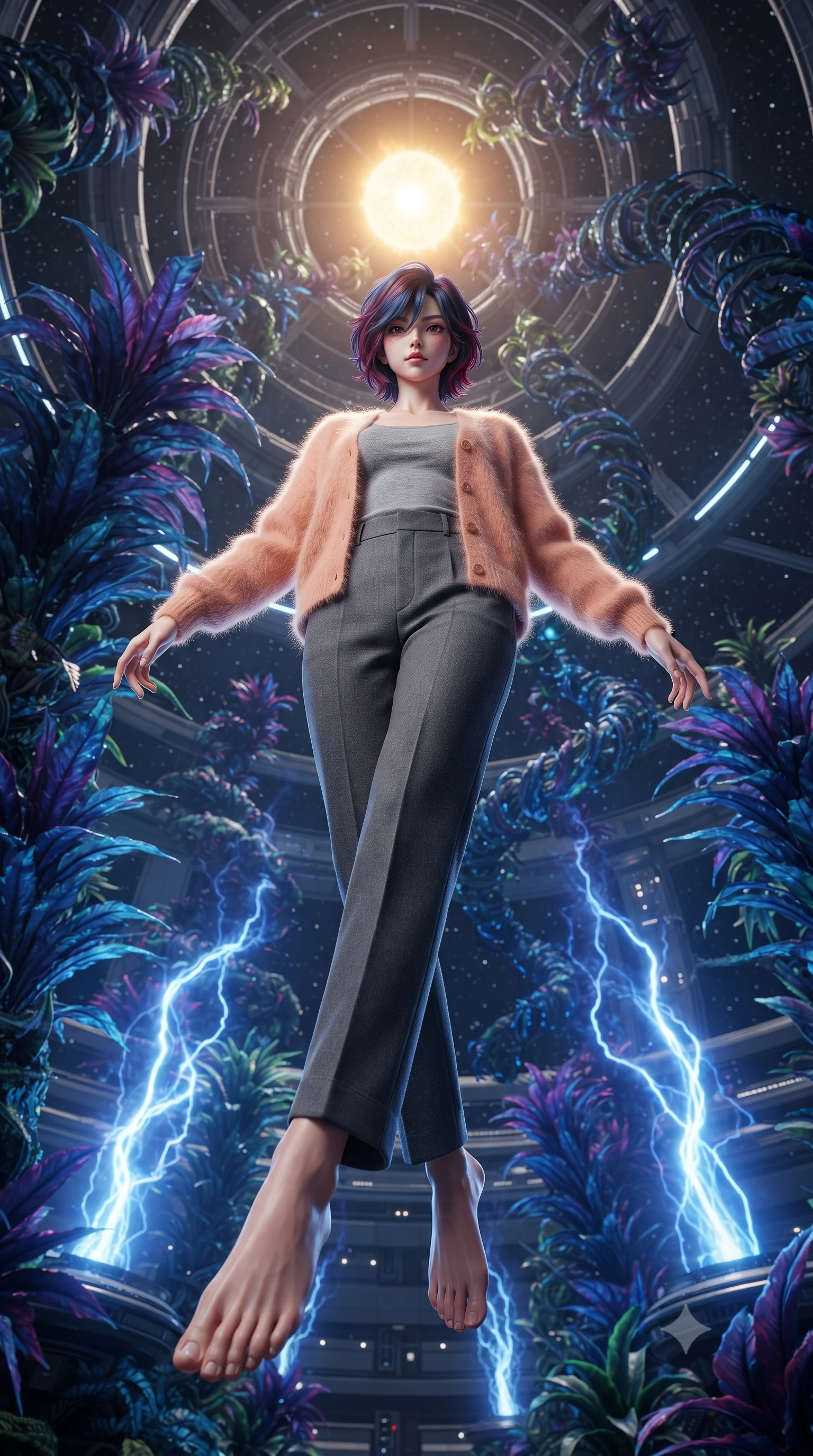 score_9, masterpiece, best quality, ultra-detailed, high-budget anime keyframe, editorial fashion photography, tasteful artistic composition, Korean woman. low angle full-body shot from head to toe showing her feet, filling the entire 9:16 vertical frame with her statuesque presence, stretching her vertical silhouette. floating with ethereal lightness within a massive atrium inside a space station where exotic alien plants grow in spiraling zero-gravity formations their bioluminescent fronds reaching toward an artificial sun at the atrium's center. She has a statuesque 8.5-heads proportion, an exceptionally tall, slender and willowy model-like build with impossibly long legs and a highly sculpted ultra-slim waist. sharp v-shaped jawline, high-bridge nose, intricate jewel-like eyes with depth, thick eyelashes, glossy lips with a natural sheen. wearing a mohair cardigan in a soft peach hue over a grey tank top and high-waisted charcoal trousers. pulsing electric blue plasma arc lighting rising dramatically from below. 2k, ultra detail, master piece, 9:16 ratio