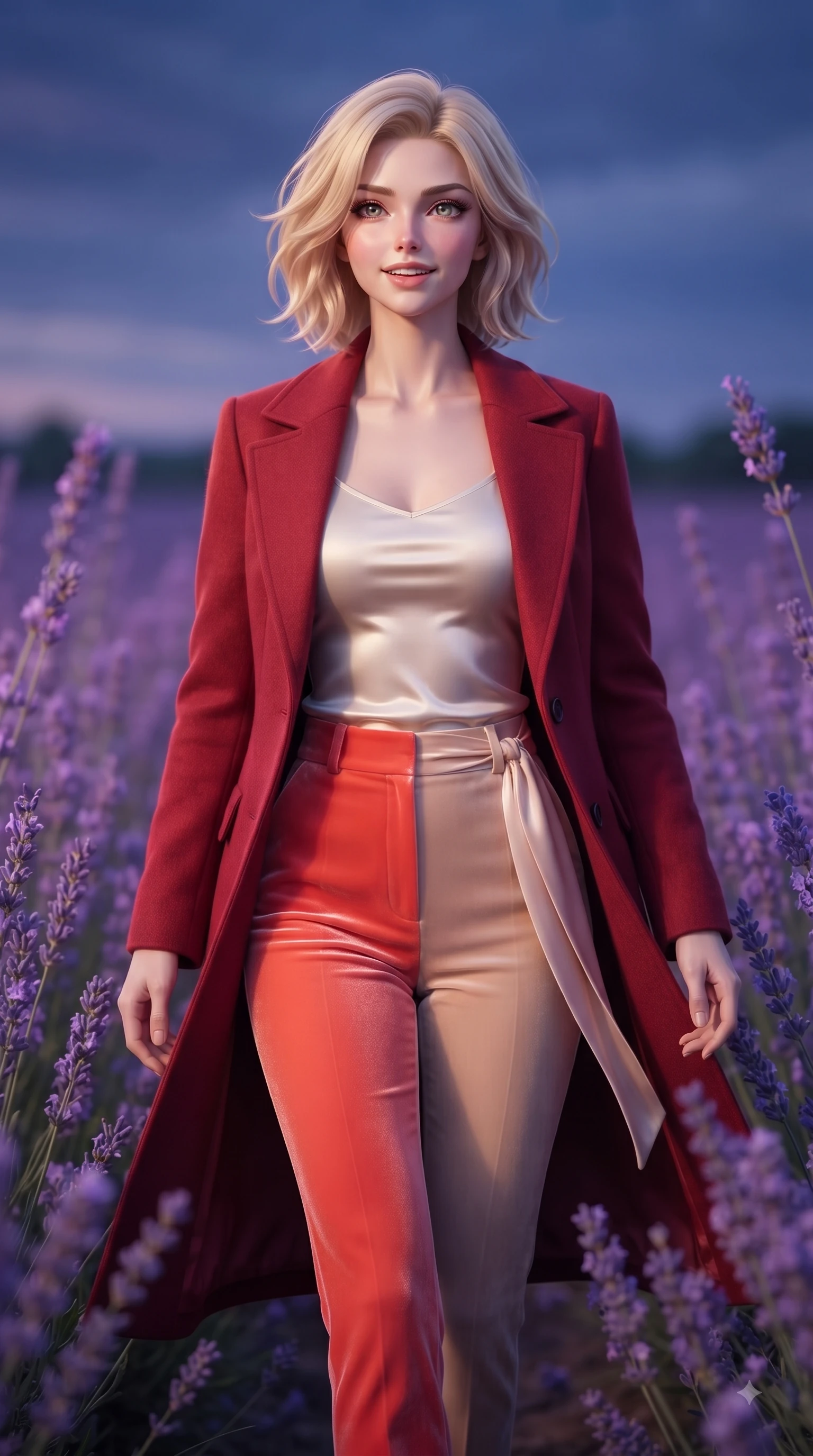 score_9, masterpiece, best quality, ultra-detailed, high-budget anime keyframe, editorial fashion photography, tasteful artistic composition, Caucasian woman. close-up cowboy shot from the waist and thighs up, the character dominates the composition, filling the frame with her large presence. Radiant anticipation in her face, glowing with hopeful curiosity and warm expectant energy while walking gracefully through an endless field of blooming purple lavender under a twilight sky. The composition keeps background elements in soft focus with dreamy bokeh. swaying flower stems and soft twilight skies softened by gentle shallow depth of field. She has an exceptionally elegant, slender, and willowy female figure with an ultra-slim waist, a gracefully sculpted slender torso, and a refined silhouette. sharp v-shaped jawline, high-bridge nose, intricate jewel-like eyes with depth, thick eyelashes, glossy lips with a natural sheen, flawlessly proportioned anatomical accuracy, natural body alignment, perfectly sculpted elegant limbs, clean dynamic posture without body distortion. wearing a tailored crimson red wool coat over a fitted ivory silk top and tailored trousers in vibrant coral red and soft beige, made of premium stretch velvet with a rich glossy sheen, accented with a delicate side waist sash creating fluid lines, the tailored fit highlighting her statuesque and model-like silhouette. surrounded by a romantic, dreamy, and painterly nature editorial atmosphere. ultra-reflective glossy finish, specular highlights, metallic sheen, high-contrast stereoscopic depth, volumetric dynamic lighting, 2k, ultra detail, master piece, 9:16 ratio