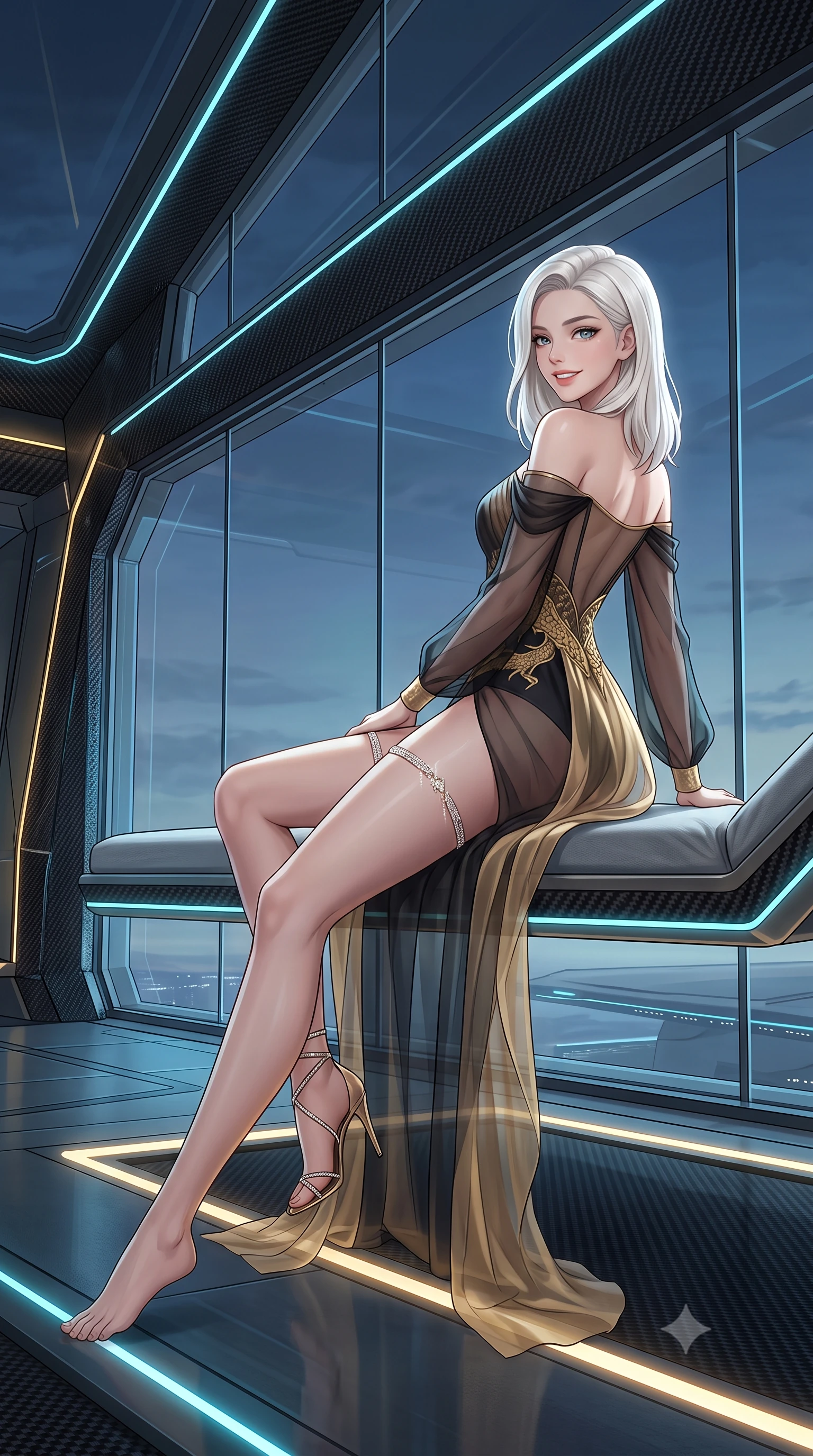 score_9, masterpiece, best quality, ultra-detailed, high-budget anime keyframe, semi-realistic 3D game render, editorial fashion photography, tasteful artistic composition, Caucasian woman. low angle full-body shot from head to toe showing her feet, filling the entire 9:16 vertical frame with her statuesque presence, stretching her vertical silhouette. posing in a classic haute-couture S-curve stance beside the floor-to-ceiling window, looking over a bare shoulder with magnetic presence while lounging in the floating anti-gravity daybed propped on one elbow, her statuesque 8.5-heads silhouette dominating the sci-fi horizon. The surrounding environment is rendered in vivid detail and crisp panoramic clarity: sharp carbon-fiber lattice weave, structural holographic emitter seams, and transparent smart-glass clarity in deep focus. She has an exceptionally tall and slender model-like 8.5-heads proportion, an ultra-slim waist, a flat toned midriff, narrow delicate ribcage, and beautifully sculpted feminine hips creating a graceful, slim hourglass silhouette without any bulky heaviness, with impossibly long slender legs. sharp v-shaped jawline, high-bridge nose, intricate jewel-like sparkling eyes with depth, thick eyelashes, glossy parted lips with a natural peach sheen, bright cheerful beaming smile with an enchanting and coquettish sensual glint, exuding both youthful cute charm and seductive allure, flawlessly proportioned anatomical accuracy, strict slender model proportions, natural body alignment, perfectly sculpted long slender limbs, ultra-slim waistline, clean dynamic posture without body distortion. wearing an off-the-shoulder sheer illusion mesh evening bodysuit with gold dragon-scale embroidery contouring her hourglass waist in deep midnight obsidian black and liquid champagne gold, made of sheer gossamer chiffon that drapes softly against skin with airy translucence, finished with delicate crystal-encrusted thigh garter straps glinting in the dim light, the high-slit wrap tailoring accentuating her ultra-slim waistline and the enchanting curve of her feminine hips with alluring seductive charm. illuminated by platform edge electroluminescent strips and sharp platinum-cyan rim lights sculpting her jawline, narrow waist, and curvy hips. highly saturated vibrant anime colors, detailed shading with soft gradients, rich glossy textures, high-contrast stereoscopic depth, volumetric dynamic lighting, master piece, 9:16 ratio