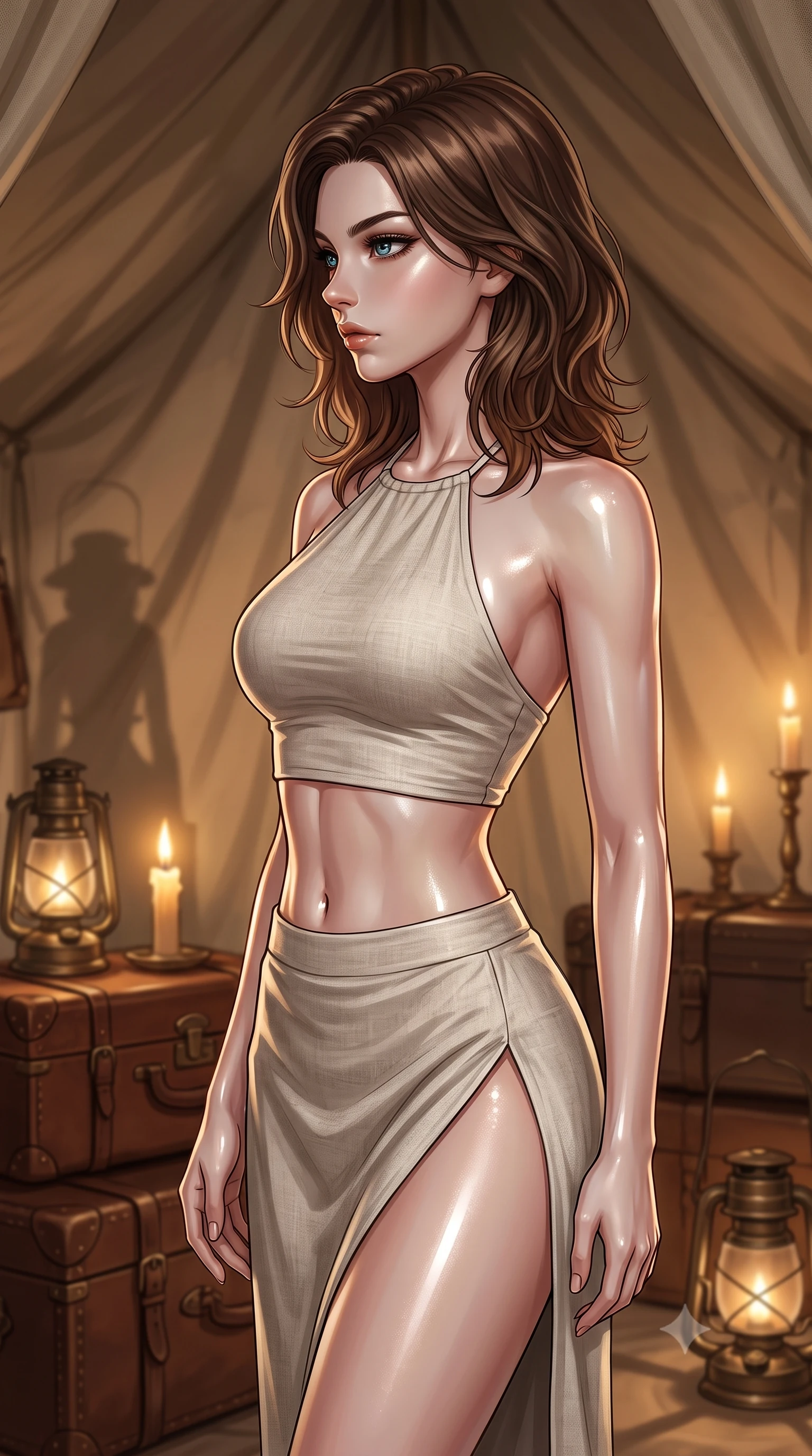 score_9, masterpiece, best quality, ultra-detailed, high-budget anime keyframe, editorial fashion photography, tasteful artistic composition, Korean woman. close-up cowboy shot from the waist and thighs up, the character dominates the composition, filling the frame with her large presence, background elements kept in soft focus. turning her face in sharp profile, casting a cold, mysterious, yet intensely alluring side gaze, the background shows a soft-focus a luxury safari-style tent with leather trunks and vintage brass lanterns. She has an exceptionally elegant, slender, and willowy female figure with an ultra-slim waist, a gracefully sculpted slender torso, and a refined silhouette. sharp v-shaped jawline, high-bridge nose, intricate jewel-like eyes with depth, thick eyelashes, glossy lips with a natural sheen. wearing a form-contouring linen halter-neck crop top paired with a matching high-slit midi skirt, revealing a sculpted midriff. warm candlelight casting dramatic shadows on the canvas walls. ultra-reflective glossy finish, specular highlights, metallic sheen, high-contrast stereoscopic depth, volumetric dynamic lighting, 2k, ultra detail, master piece, 9:16 ratio