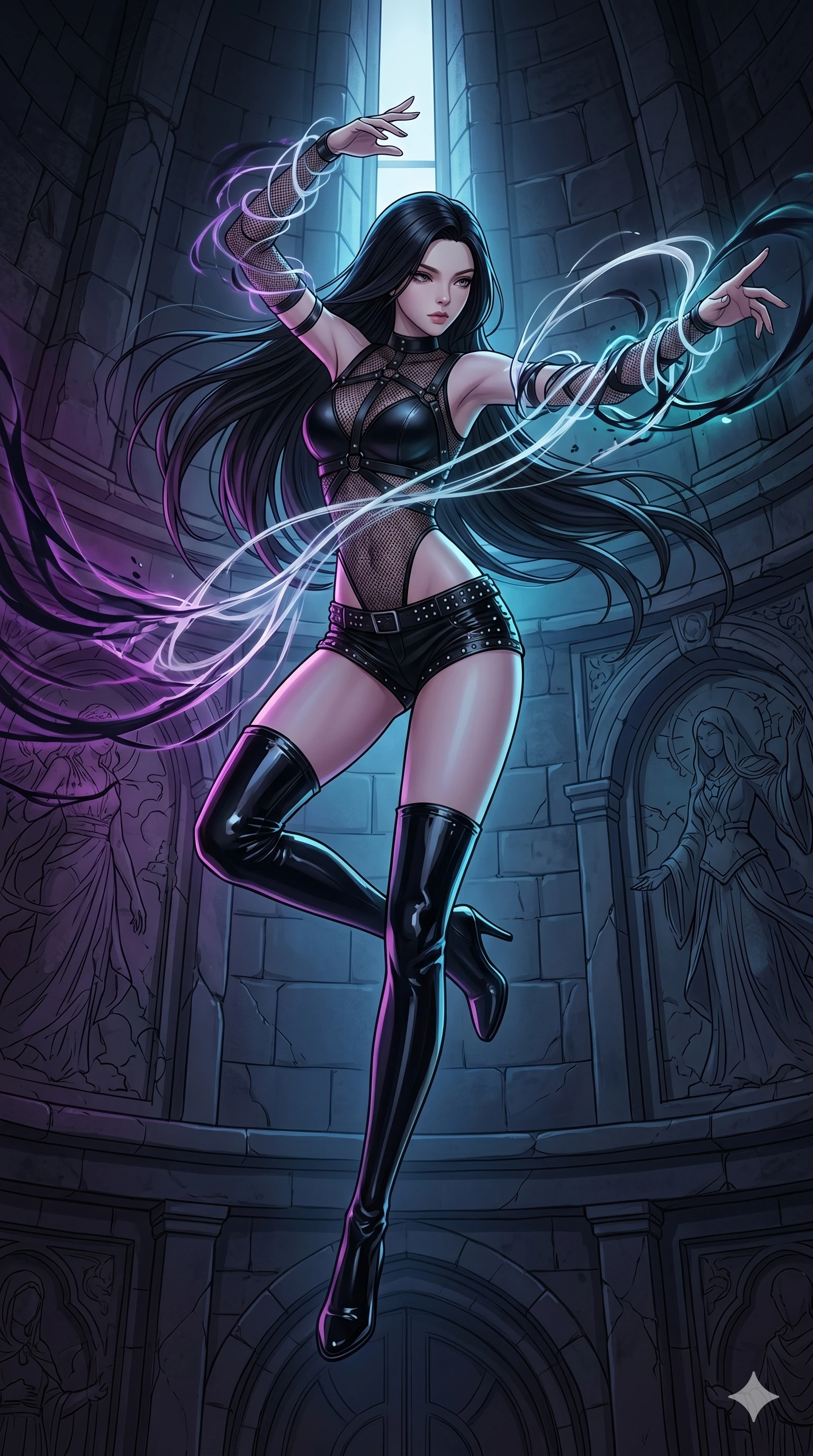 score_9, masterpiece, best quality, ultra-detailed, high-budget anime movie keyframe, cinematic anime lighting, intricate line art, Korean woman. Mid-air action shot capturing a graceful twist and vertical silhouette. weaving armor out of moonlight and shadows in a dark tower. She has an absolutely perfect 8-heads proportion, an exceptionally tall and slender female figure with an ultra-slim waist and impossibly long slender legs. strictly human anatomy, two legs only, no extra limbs, clearly defined legs and arms, perfect anatomy, perfect hands and fingers. sharp v-shaped jawline, high-bridge nose, intricate jewel-like eyes, thick eyelashes, glossy lips. Wearing K-Idol Stage: Leather harness over mesh, high-cut bodysuit, studded micro-shorts, and thigh-high patent boots. The scene is illuminated by dramatic atmospheric lighting and vibrant color palettes. , 2k, ultra detail, master piece, 9:16 ratio