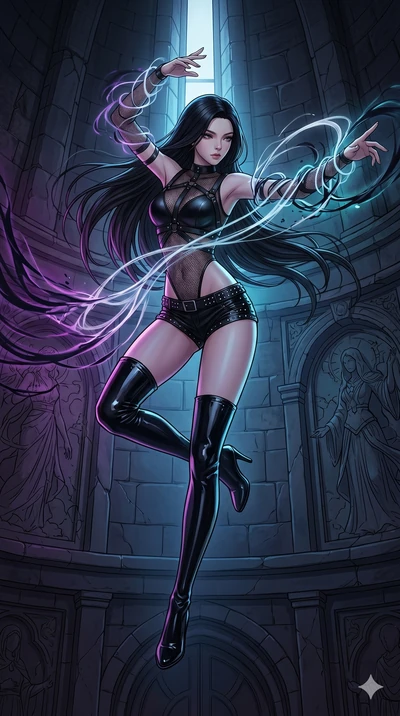 score_9, masterpiece, best quality, ultra-detailed, high-budget anime movie keyframe, cinematic anime lighting, intricate line art, Korean woman. Mid-air action shot capturing a graceful twist and vertical silhouette. weaving armor out of moonlight a