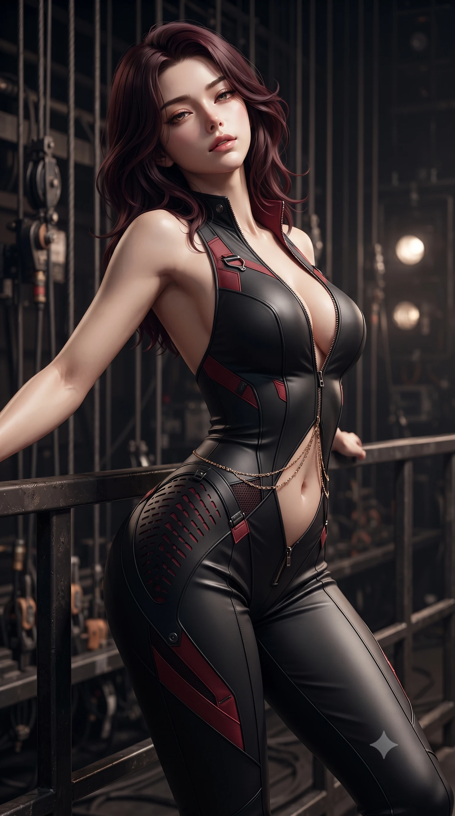score_9, masterpiece, best quality, ultra-detailed, high-budget anime keyframe, editorial fashion photography, tasteful artistic composition, Korean woman. close-up cowboy shot from the waist and thighs up, the character dominates the composition, filling the frame with her large presence. leaning back against the balustrade with relaxed seductive grace, head tilted back slightly while casting a hypnotic, heavy-lidded gaze while twisting her slender torso in an alluring S-curve, theatrical stage spotlights casting dramatic shadows across her waist and hips. The background shows a soft-focus heavy theatrical rigging cables softened in backstage mystery shallow focus. She has an exceptionally elegant, slender, and willowy female figure with an ultra-slim waist, flat toned midriff, narrow ribcage, and sculpted feminine hips creating an alluring, slim hourglass silhouette without bulk. sharp v-shaped jawline, high-bridge nose, sparkling eyes with hypnotic seductive depth, thick curled eyelashes, glossy parted lips with a natural dewy peach sheen, alluring bedroom-eyes with an enchanting coquettish smile, exuding magnetic siren charisma and sophisticated glamour, flawlessly proportioned anatomical accuracy, strict slender model proportions, natural body alignment, perfectly sculpted long slender limbs, ultra-slim waistline, clean dynamic posture without body distortion. wearing a backless plunge-front second-skin stealth jumpsuit with fluid tapered legs and laser-cut hip ventilation in matte obsidian black and tactical crimson red with gunmetal hardware, crafted from second-skin technical compression fabric with moisture-wicking stretch, accented with a dainty gold belly chain resting across her flat midriff and curving hips, the liquid-tight tailored fabric clinging flawlessly to her narrow waist and rounded feminine hips, emphasizing every millimeter of her sculpted slim hourglass curves without any bulky heaviness. illuminated by footlight bounce and sharp amber-gold rim lighting defining her razor-sharp jawline, ultra-slim waist, and curvy hips. ultra-reflective glossy finish, specular highlights, rich textural contrasts, high-contrast stereoscopic depth, volumetric dynamic lighting, 2k, ultra detail, master piece, 9:16 ratio