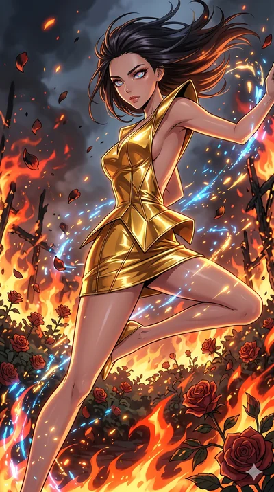 score_9, masterpiece, best quality, ultra-detailed, Set A: High-budget Anime Keyframe, Korean woman. Low angle cowboy shot filling the entire 9:16 frame with her statuesque presence. Leaping through a burning rose garden, while her eyes glow with 230
