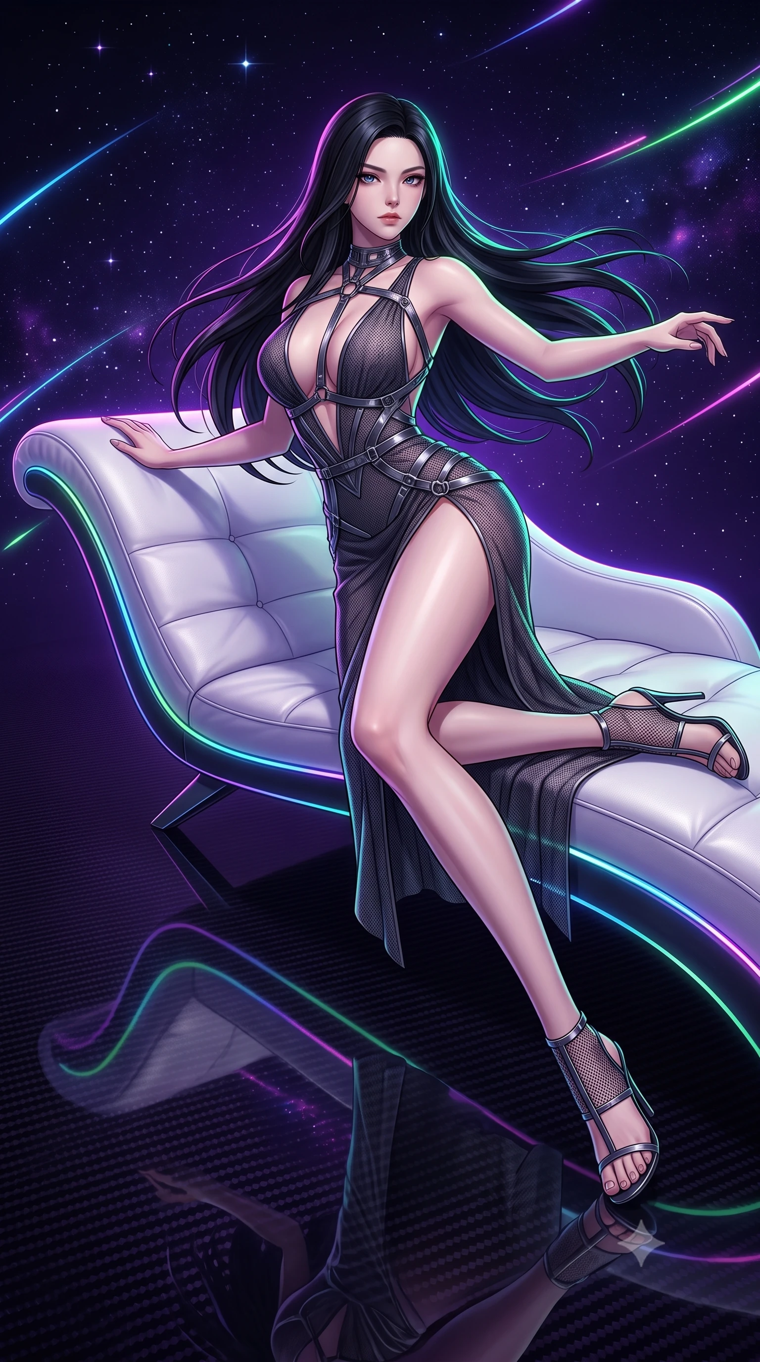 score_9, masterpiece, best quality, ultra-detailed, high-budget anime keyframe, editorial fashion photography, tasteful artistic composition, Korean woman. low angle full-body shot from head to toe showing her feet, filling the entire 9:16 vertical frame with her statuesque presence, stretching her vertical silhouette. leaping dynamically through the starry space, her posture full of power and elegance, lounging on a sleek white leather daybed under dark purple ambient lights, dark carbon fiber floor creating sharp specular mirror reflections. She has an absolutely perfect, statuesque 8.5-heads proportion, an exceptionally tall and slender model-like female figure with impossibly long slender legs and an ultra-slim waist. sharp v-shaped jawline, high-bridge nose, intricate jewel-like eyes with depth, thick eyelashes, glossy lips with a natural sheen. wearing deep plunging V-neckline midnight gown with daring high thigh slit in dark charcoal gray, made of fine dark contouring mesh, highlighted by a gunmetal metallic harness structure, contouring every curve with an exceptionally elegant silhouette. bathed in high-contrast digital neon rim light and pitch-dark ambient shadows. highly saturated vibrant anime colors, detailed shading with soft gradients, rich glossy textures, high-contrast stereoscopic depth, volumetric dynamic lighting, master piece, 9:16 ratio