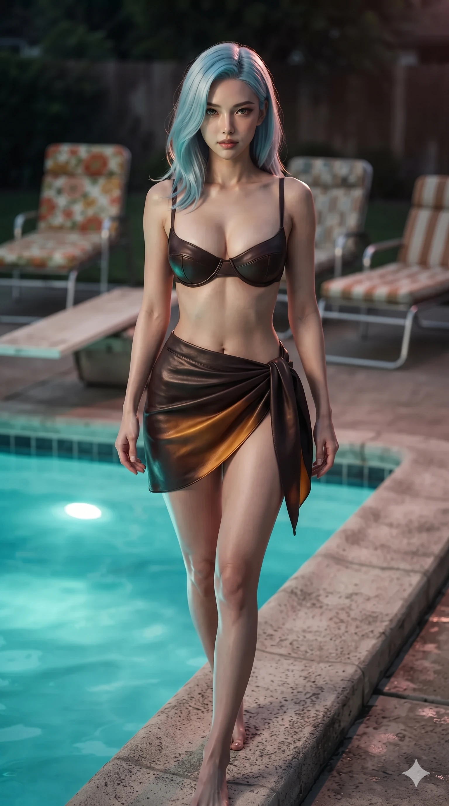 score_9, masterpiece, best quality, ultra-detailed, high-budget anime keyframe, editorial fashion photography, tasteful artistic composition, Korean woman. close-up cowboy shot from the waist and thighs up, the character dominates the composition, filling the frame with her large presence. leaning forward while arching her lower back to accentuate her curvy hips, looking into the camera with an intoxicating smoldering gaze and bedroom-eyes while walking slowly along the concrete pool coping with hypnotic grace, hips swaying in an alluring sensual rhythm that accentuates her curvy hourglass silhouette. The background shows a soft-focus plastic vintage pool lounge chairs softened in nostalgic Americana shallow focus. She has an exceptionally elegant, slender, and willowy female figure with an ultra-slim waist, flat toned midriff, narrow ribcage, and sculpted feminine hips creating an alluring, slim hourglass silhouette without bulk. sharp v-shaped jawline, high-bridge nose, sparkling eyes with hypnotic seductive depth, thick curled eyelashes, glossy parted lips with a natural dewy peach sheen, alluring bedroom-eyes with an enchanting coquettish smile, exuding magnetic siren charisma and sophisticated glamour, flawlessly proportioned anatomical accuracy, strict slender model proportions, natural body alignment, perfectly sculpted long slender limbs, ultra-slim waistline, clean dynamic posture without body distortion. wearing a structured underwire bikini bustier top paired with an ultra-short draped sarong wrap mini skirt in dark espresso leather and warm amber highlights, made of fluid liquid jersey with seamless sculpting hold and smooth contours, finished with a delicate leather fringe trim fluttering along her hip line with kinetic charm, the bespoke structured tailoring following the natural line of her 8.5-heads silhouette with refined elegance. illuminated by turquoise water surface bounce and sharp neon-coral rim lights sculpting her razor-sharp jawline, narrow waist, and curvy hips. ultra-reflective glossy finish, specular highlights, rich textural contrasts, high-contrast stereoscopic depth, volumetric dynamic lighting, 2k, ultra detail, master piece, 9:16 ratio