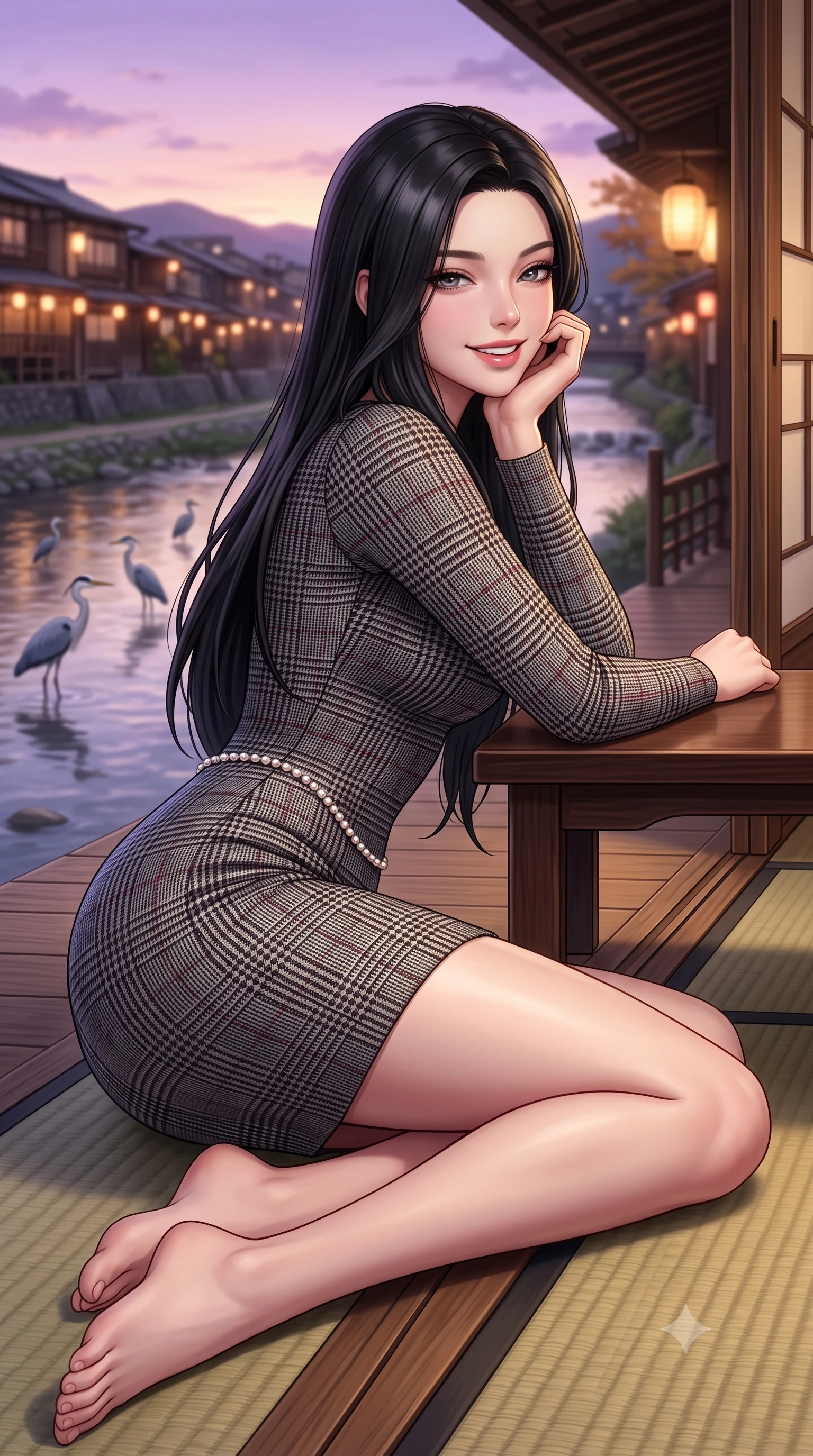 score_9, masterpiece, best quality, ultra-detailed, high-budget anime keyframe, semi-realistic 3D game render, editorial fashion photography, tasteful artistic composition, Korean woman. close-up cowboy shot from the waist and thighs up, the character dominates the composition, filling the frame with her large presence. resting one elbow on the table and supporting her chin, leaning close to the camera with heavy-lidded sparkling eyes and parted lips while sitting gracefully on a tatami mat at the open veranda edge, watching herons wade in the Kamogawa river with tranquil charm. The background shows a soft-focus warm paper lanterns along Gion alleyways softened in romantic Kyoto dusk shallow focus. She has an exceptionally elegant, slender, and willowy female figure with an ultra-slim waist, flat toned midriff, narrow ribcage, and sculpted feminine hips creating an alluring, slim hourglass silhouette without bulk. sharp v-shaped jawline, high-bridge nose, intricate jewel-like sparkling eyes with depth, thick eyelashes, glossy parted lips with a natural peach sheen, bright cheerful beaming smile with an enchanting and coquettish sensual glint, exuding both youthful cute charm and seductive allure, flawlessly proportioned anatomical accuracy, strict slender model proportions, natural body alignment, perfectly sculpted long slender limbs, ultra-slim waistline, clean dynamic posture without body distortion. wearing a sculpted double-faced wool knit dress with sleek architectural seam lines accentuating her flat midriff and feminine hips in classic glen plaid monochrome with subtle wine red accent, tailored from stretch wool crepe providing structured compression and razor-sharp bodycon lines, accented with a dainty pearl waist chain catching the ambient sunlight across her sculpted waistline, the body-conscious tailored knit hugging her sculpted torso and curvaceous hips in a seamless, fluid line that highlights her statuesque model proportions. bathed in the soft purple-gold twilight glow of autumn sunset over the Higashiyama mountains mixed with warm paper lantern lights. highly saturated vibrant anime colors, detailed shading with soft gradients, rich glossy textures, high-contrast stereoscopic depth, volumetric dynamic lighting, master piece, 9:16 ratio