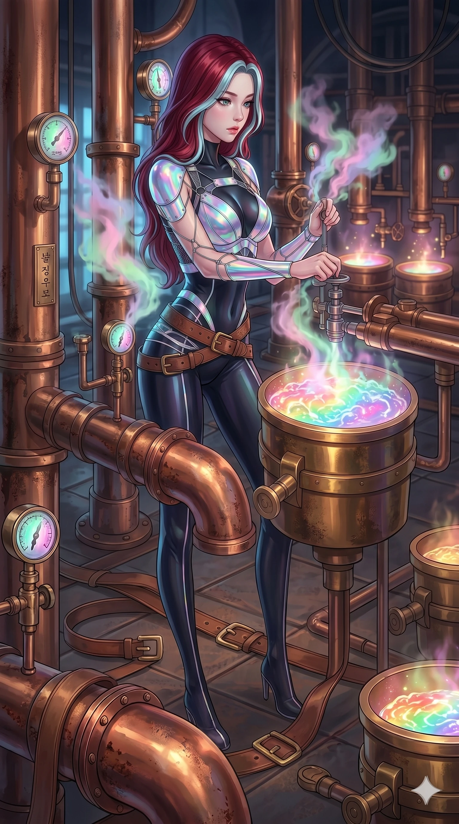 score_9, masterpiece, best quality, ultra-detailed, high-budget anime keyframe, Korean woman. upper body close-up from the thighs up, character filling the screen for maximum presence. operating a steampunk aurora foundry surrounded by massive copper pipes and leather belts, where pastel aurora gas billows from valves and liquid rainbow energy boils in a crucible. She has an absolutely perfect 8-heads proportion, an exceptionally tall and slender female figure with impossibly long slender legs and an ultra-slim waist. V-shaped jawline, high-bridge nose, intricate jewel-like eyes with depth, thick eyelashes, glossy lips with a natural sheen.. wearing a holographic ribbon shell armor, featuring thin iridescent plates linked by wire straps over a sleek contouring base. lit by a soft glowing ambient light and a sharp side key light that traces the sleek contours of her athletic build. 2k, ultra detail, master piece, 9:16 ratio