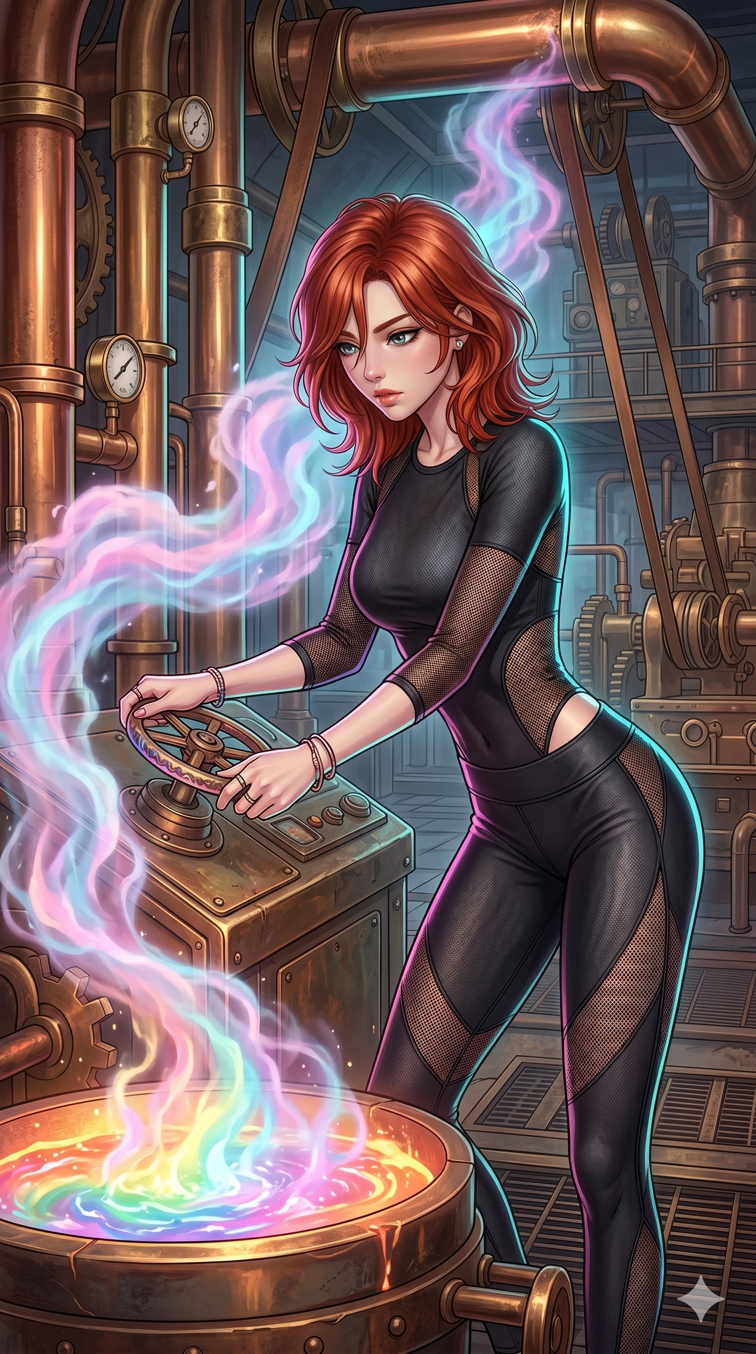 score_9, masterpiece, best quality, ultra-detailed, high-budget anime keyframe, Japanese woman. upper body close-up from the thighs up, character filling the screen for maximum presence. operating a steampunk aurora foundry surrounded by massive copper pipes and leather belts, where pastel aurora gas billows from valves and liquid rainbow energy boils in a crucible. She has an absolutely perfect 8-heads proportion, an exceptionally tall and slender female figure with impossibly long slender legs and an ultra-slim waist. V-shaped jawline, high-bridge nose, intricate jewel-like eyes with depth, thick eyelashes, glossy lips with a natural sheen.. wearing a sheer mesh athleisure set, featuring a tight matte black top and leggings with semi-opaque mesh panels tracing the curves of her waist and thighs. bathed in brilliant cinematic volumetric lighting and intense neon rim light highlighting her slender form. 2k, ultra detail, master piece, 9:16 ratio