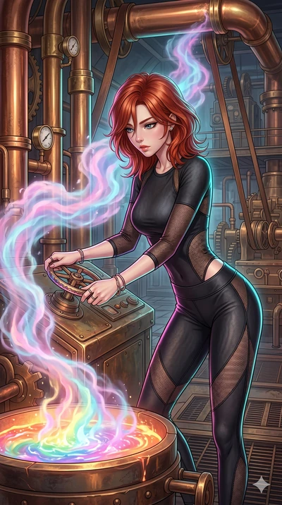 score_9, masterpiece, best quality, ultra-detailed, high-budget anime keyframe, Japanese woman. upper body close-up from the thighs up, character filling the screen for maximum presence. operating a steampunk aurora foundry surrounded by massive copp