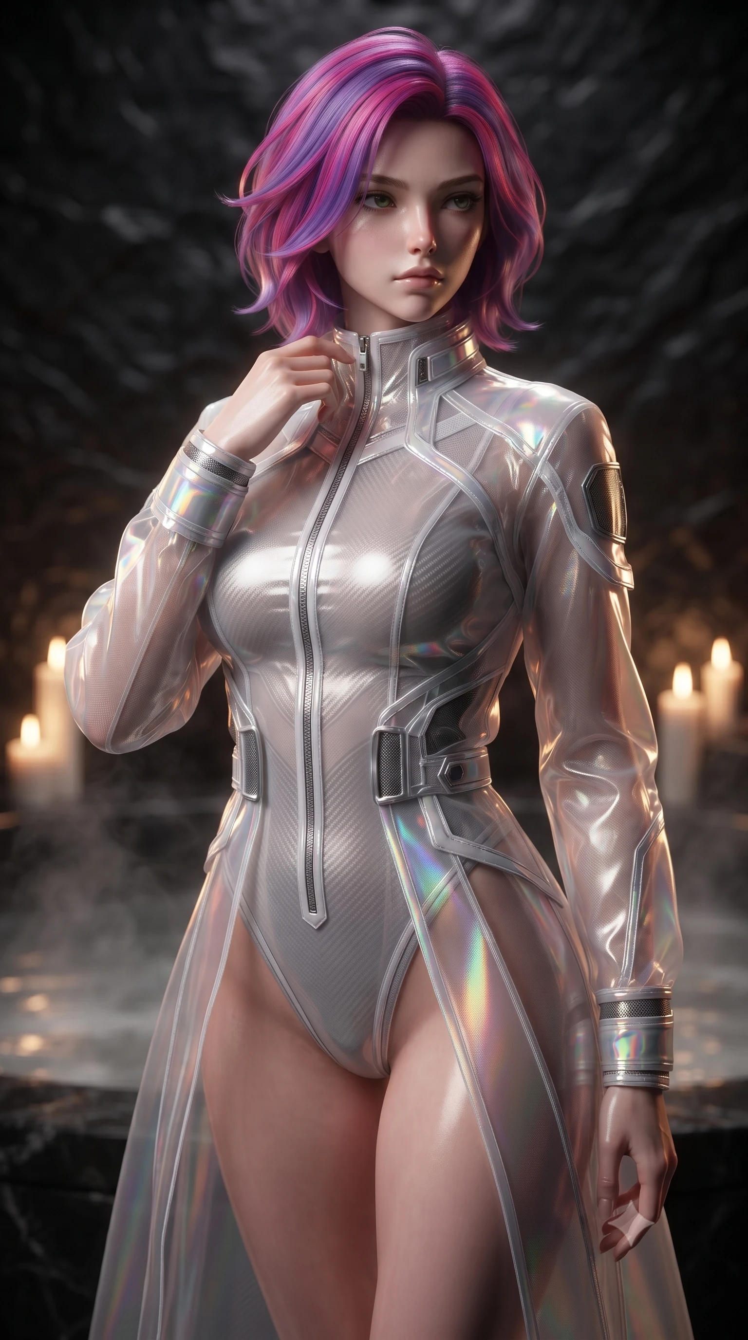 score_9, masterpiece, best quality, ultra-detailed, high-budget anime keyframe, editorial fashion photography, tasteful artistic composition, Caucasian woman. close-up cowboy shot from the waist and thighs up, the character dominates the composition, filling the frame with her large presence, background elements kept in soft focus. adjusting the high collar of her body-hugging suit, looking past the camera with quiet, sharp focus and a composed expression, the background shows a soft-focus obsidian stone bath chambers filled with steaming mineral hot water. She has an exceptionally elegant, slender, and willowy female figure with an ultra-slim waist, a gracefully sculpted slender torso, and a refined silhouette. sharp v-shaped jawline, high-bridge nose, intricate jewel-like eyes with depth, thick eyelashes, glossy lips with a natural sheen. wearing a tailored sheer white holographic organza combat gown worn over a high-cut carbon-fiber leotard. warm flickering candle lights casting dramatic shadows on black stone walls. ultra-reflective glossy finish, specular highlights, metallic sheen, high-contrast stereoscopic depth, volumetric dynamic lighting, 2k, ultra detail, master piece, 9:16 ratio