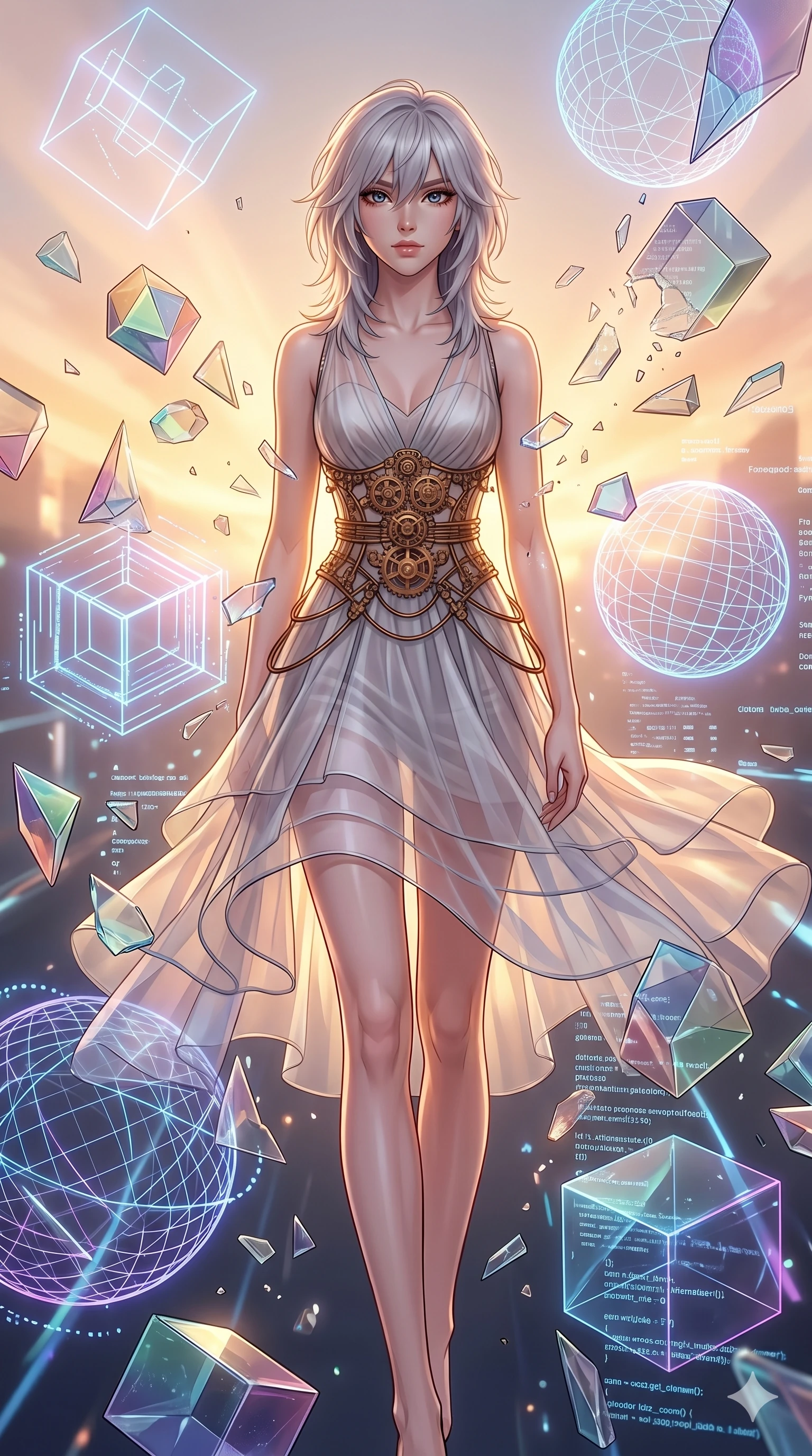 score_9, masterpiece, best quality, ultra-detailed, high-budget anime keyframe, editorial fashion photography, tasteful artistic composition, Japanese woman. upper body close-up from the thighs up, character filling the screen for maximum presence. breaking through through a digital wonderland filled with floating abstract glass sculptures while floating geometrical wireframes rotate and pulse in synch. She has an absolutely perfect 8-heads proportion, an exceptionally tall and slender female figure with impossibly long slender legs and an ultra-slim waist. V-shaped jawline, high-bridge nose, intricate jewel-like eyes with depth, thick eyelashes, glossy lips with a natural sheen.. wearing a chrono-gear wire harness couture, featuring micro-bronze gear wire harness cinching her waist over a translucent layered silk organza midi dress with full lining. bathed in warm sunset rays that create a soft gold glow along her slender athletic build. 2k, ultra detail, master piece, 9:16 ratio