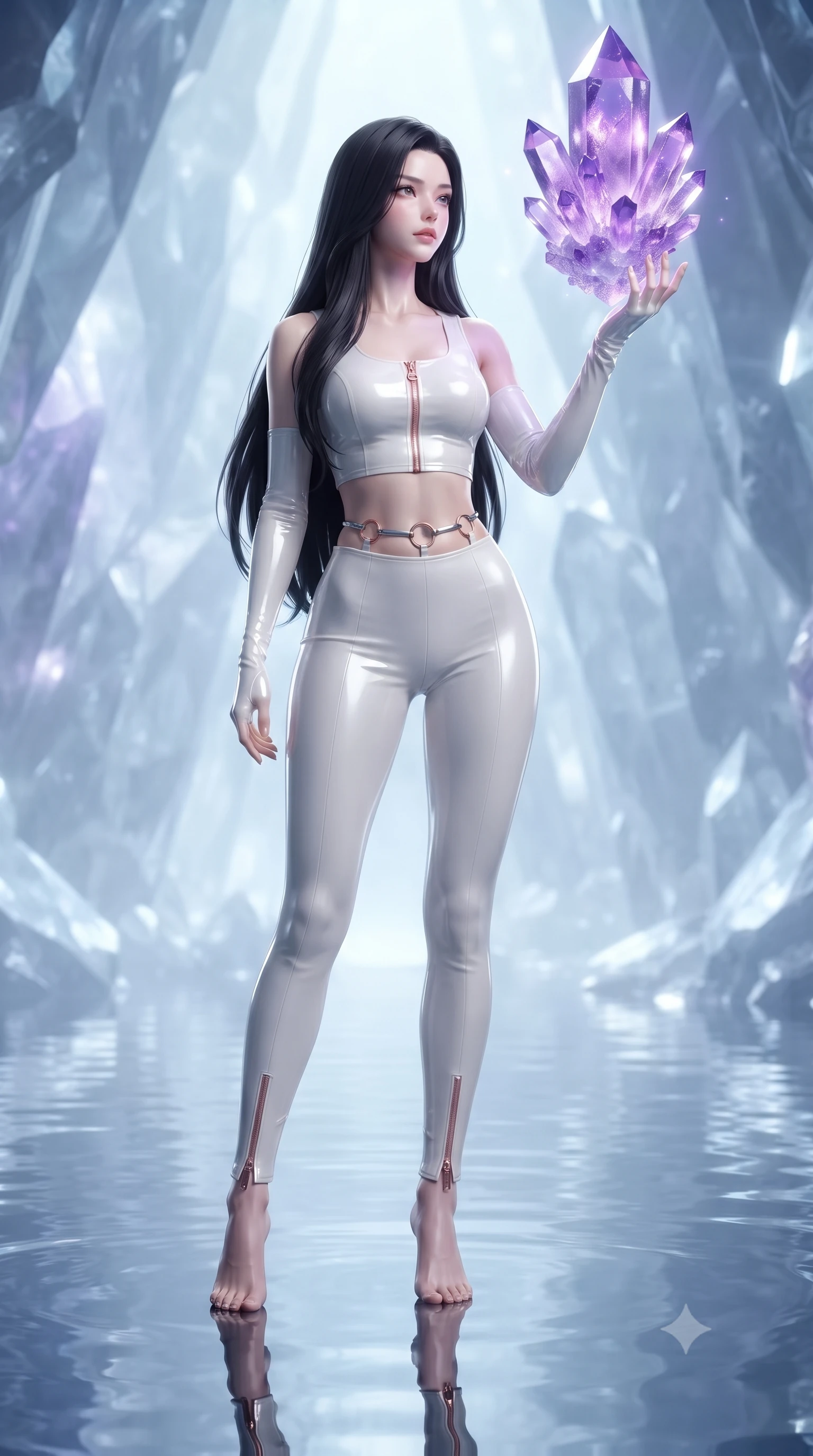 score_9, masterpiece, best quality, ultra-detailed, high-budget anime keyframe, editorial fashion photography, tasteful artistic composition, Korean woman. low angle full-body shot from head to toe showing her feet, filling the entire 9:16 vertical frame with her statuesque presence, stretching her vertical silhouette. navigating the luminous space with effortless poise, displaying her perfect model proportions touching a giant floating violet crystal cluster emitting pulsing energy, still mirror-like water below reflecting her statuesque figure flawlessly. She has an absolutely perfect, statuesque 8.5-heads proportion, an exceptionally tall and slender model-like female figure with impossibly long slender legs and an ultra-slim waist. sharp v-shaped jawline, high-bridge nose, intricate jewel-like eyes with depth, thick eyelashes, glossy lips with a natural sheen. wearing a glossy vinyl crop top and high-waist tailored leggings with sleek zippers in pearl white and rose gold, formed from sleek second-skin neoprene, accented with delicate chrome ring hardware framing her waist, the glove-like fit emphasizing her statuesque silhouette. surrounded by a cool jewel-toned luminescence with bright specular rim lights. ultra-reflective glossy finish, specular highlights, metallic sheen, high-contrast stereoscopic depth, volumetric dynamic lighting, 2k, ultra detail, master piece, 9:16 ratio