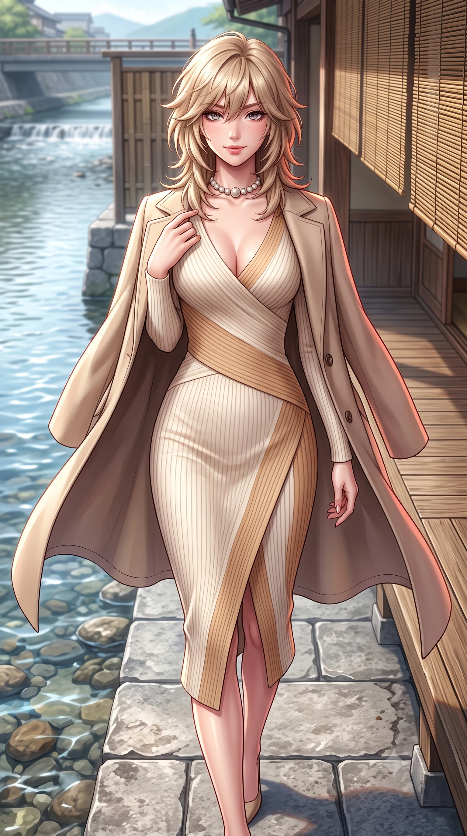 score_9, masterpiece, best quality, ultra-detailed, high-budget anime keyframe, semi-realistic 3D game render, editorial fashion photography, tasteful artistic composition, Japanese woman. close-up cowboy shot from the waist and thighs up, the character dominates the composition, filling the frame with her large presence. tilting her chin up with a teasing half-smile, running one manicured hand lightly along her lapel with effortless magnetic allure while walking along the riverside stone promenade with poised strides, her wool coat billowing softly in the river current breeze. The surrounding environment is rendered in vivid detail and crisp panoramic clarity: sharp weather-beaten cedar wood decking textures, river stones in clear shallow water, and bamboo lattice blinds in deep focus. She has an exceptionally elegant, slender, and willowy female figure with an ultra-slim waist, flat toned midriff, narrow ribcage, and sculpted feminine hips creating an alluring, slim hourglass silhouette without bulk. sharp v-shaped jawline, high-bridge nose, intricate jewel-like sparkling eyes with depth, thick eyelashes, glossy parted lips with a natural peach sheen, bright cheerful beaming smile with an enchanting and coquettish sensual glint, exuding both youthful cute charm and seductive allure, flawlessly proportioned anatomical accuracy, strict slender model proportions, natural body alignment, perfectly sculpted long slender limbs, ultra-slim waistline, clean dynamic posture without body distortion. wearing a body-hugging asymmetrical-wrap ribbed knit midi dress with fluid stretch fabric tracing her curvaceous hips in soft champagne ivory and warm biscuit beige, tailored from premium double-knit ponte with sleek sculpting hold and smooth contours, complemented by an antique baroque pearl choker accentuating her delicate neck and collarbones, the form-contouring silhouette accentuating her sculpted flat midriff, narrow delicate ribcage, and gracefully curvy hips with intoxicating allure. illuminated by river water specular reflection bounce and sharp copper-rose rim lights sculpting her jawline, narrow waist, and graceful model proportions. highly saturated vibrant anime colors, detailed shading with soft gradients, rich glossy textures, high-contrast stereoscopic depth, volumetric dynamic lighting, master piece, 9:16 ratio