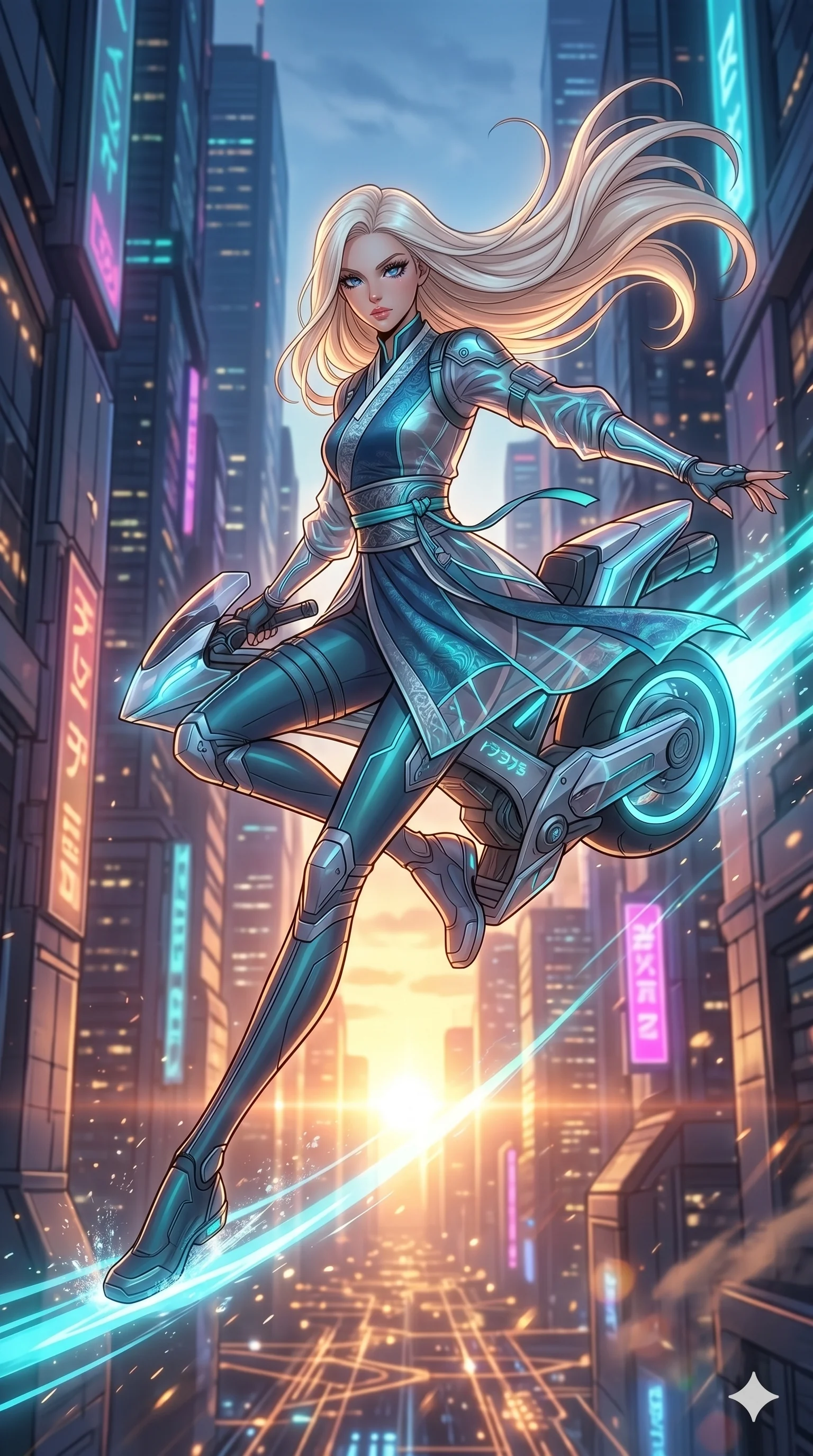 score_9, masterpiece, best quality, ultra-detailed, high-budget anime movie keyframe, cinematic anime lighting, intricate line art, Japanese woman. Mid-air action shot capturing a graceful twist and vertical silhouette. piloting a hover-bike through a narrow canyon of skyscrapers. She has an absolutely perfect 8-heads proportion, an exceptionally tall and slender female figure with an ultra-slim waist and impossibly long slender legs. strictly human anatomy, two legs only, no extra limbs, clearly defined legs and arms, perfect anatomy, perfect hands and fingers. sharp v-shaped jawline, high-bridge nose, intricate jewel-like eyes, thick eyelashes, glossy lips. Wearing Modern Traditional: Shortened cyber-hanbok with fusion silk robes and transparent panels. The scene is illuminated by dramatic atmospheric lighting and vibrant color palettes. , 2k, ultra detail, master piece, 9:16 ratio