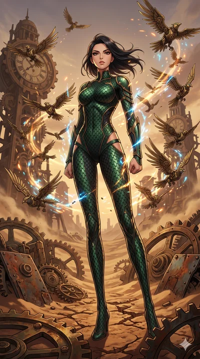 score_9, masterpiece, best quality, ultra-detailed, Set A: High-budget Anime Keyframe, Japanese woman. Low angle cowboy shot filling the entire 9:16 frame with her statuesque presence. Standing victoriously through a clockwork desert, surrounded by a