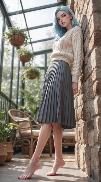 score_9, masterpiece, best quality, ultra-detailed, high-budget anime keyframe, editorial fashion photography, tasteful artistic composition, Korean woman woman. low angle full-body shot from head to toe showing her feet, filling the entire 9:16 vert