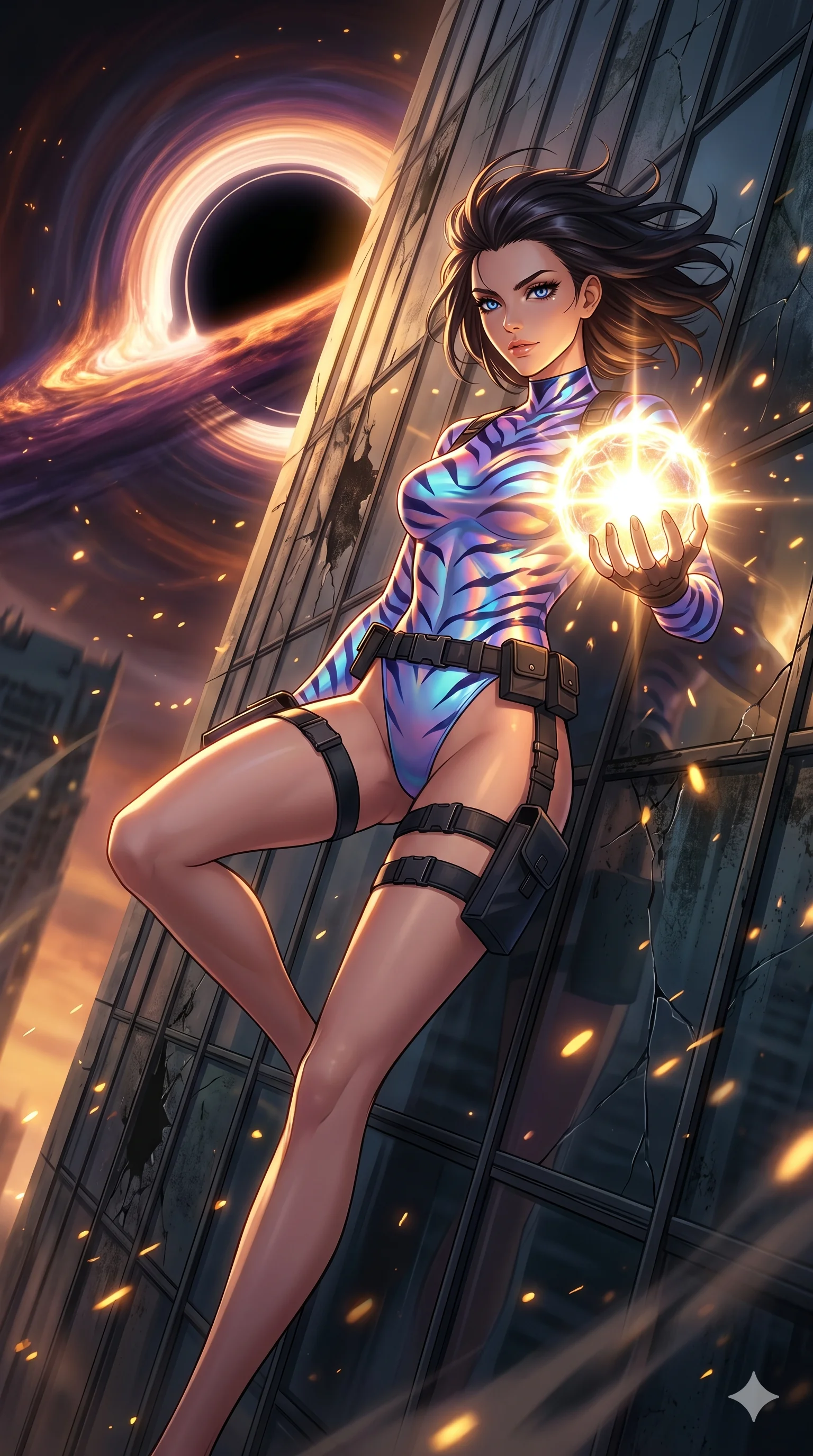 score_9, masterpiece, best quality, ultra-detailed, Set A: High-budget Anime Keyframe, Caucasian (human ears) woman. Low angle cowboy shot filling the entire 9:16 frame with her statuesque presence. Theme: Urban Decay. sliding down a glass skyscraper in the edge of a black hole, holding a glowing core that hums with the power of 172 suns. The atmosphere is filled with golden hour with floating embers. She has an absolutely perfect 8-heads proportion, an exceptionally tall and slender female figure with impossibly long slender legs and an ultra-slim waist. Sharp v-shaped jawline, high-bridge nose, intricate jewel-like eyes with depth, glossy lips. Wearing Holographic tiger-stripe bodysuit with a high-cut leg line and tactical belts. Cinematic lighting, vivid colors, dramatic shadows, 2k, ultra detail, master piece, 9:16 ratio