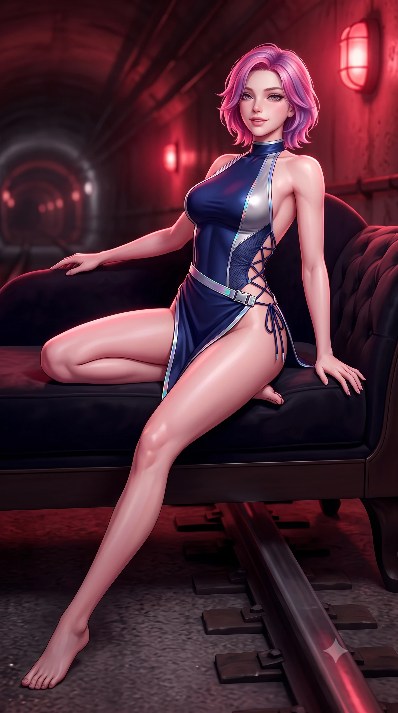 score_9, masterpiece, best quality, ultra-detailed, high-budget anime keyframe, semi-realistic 3D game render, editorial fashion photography, tasteful artistic composition, Caucasian woman. low angle full-body shot from head to toe showing her feet, filling the entire 9:16 vertical frame with her statuesque presence, stretching her vertical silhouette. reclining gracefully across the plush chaise lounge with one leg extended, her sculpted silhouette and flat midriff radiating magnetic nocturnal glamour while crouching poised on the electrified rail cover with one knee bent, looking up with hypnotic bedroom-eyes through dark lashes. The background shows a soft-focus distant tunnel vanishing points softened in gritty underground shallow focus. She has an absolutely perfect, statuesque 8.5-heads proportion, an exceptionally tall and slender model-like female figure with impossibly long slender legs, an ultra-slim waist, a flat toned midriff, narrow delicate ribcage, and beautifully sculpted feminine hips creating a graceful, slim hourglass silhouette without any bulky heaviness. sharp v-shaped jawline, high-bridge nose, sparkling eyes with hypnotic seductive depth, thick curled eyelashes, glossy parted lips with a natural dewy peach sheen, alluring bedroom-eyes with an enchanting coquettish smile, exuding magnetic siren charisma and sophisticated glamour, flawlessly proportioned anatomical accuracy, strict slender model proportions, natural body alignment, perfectly sculpted long slender limbs, ultra-slim waistline, clean dynamic posture without body distortion. wearing a slinky backless halterneck tactical leotard with micro-ripstop side panels and quick-release chrome buckles in deep sapphire navy and metallic silver with holographic trims, crafted from second-skin technical compression fabric with moisture-wicking stretch, finished with fine criss-cross lace-up side ties revealing tantalizing glimpses of her hip curve, the high-slit wrap tailoring accentuating her ultra-slim waistline and the enchanting curve of her feminine hips with alluring seductive charm. bathed in rhythmic crimson strobe glow from industrial bulkhead wall fixtures. highly saturated vibrant anime colors, detailed shading with soft gradients, rich glossy textures, high-contrast stereoscopic depth, volumetric dynamic lighting, master piece, 9:16 ratio