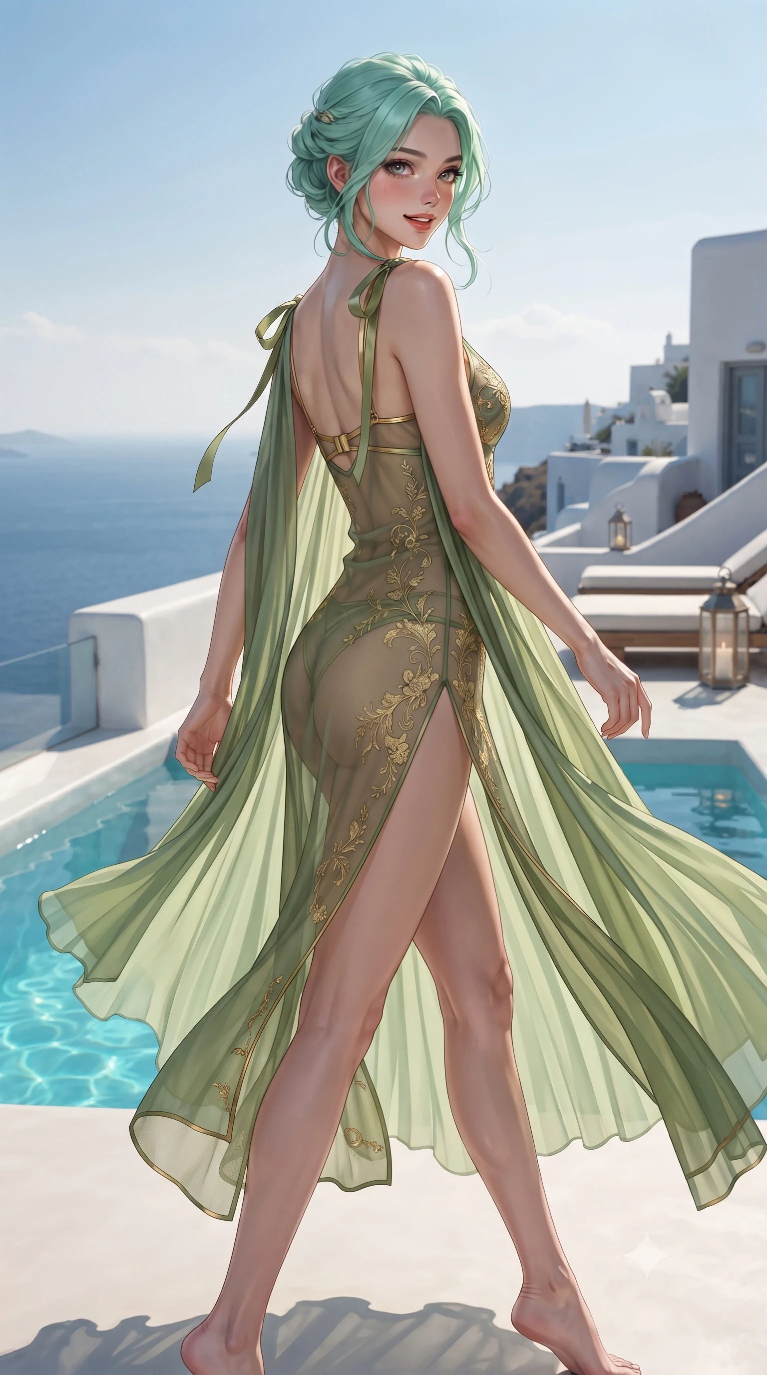 score_9, masterpiece, best quality, ultra-detailed, high-budget anime keyframe, editorial fashion photography, tasteful artistic composition, Japanese woman. low angle full-body shot from head to toe showing her feet, filling the entire 9:16 vertical frame with her statuesque presence, stretching her vertical silhouette. walking along the terrace with poise, looking back over her bare shoulder with an irresistible smoldering bedroom-gaze while twisting her slender torso in an alluring contrapposto stance, glowing turquoise plunge pool caustics wrapping around her narrow waist and curvy hips. The surrounding environment is rendered in vivid detail and crisp panoramic clarity: detailed ethereal sheer Grecian pleated chiffon peignoir gown cascading open, gold-ring bralette cling, and Cycladic architecture in razor-sharp precision. She has an exceptionally tall and slender model-like 8.5-heads proportion, an ultra-slim waist, a flat toned midriff, narrow delicate ribcage, and beautifully sculpted feminine hips creating a graceful, slim hourglass silhouette without any bulky heaviness, with impossibly long slender legs. sharp v-shaped jawline, high-bridge nose, intricate jewel-like sparkling eyes with depth, thick eyelashes, glossy parted lips with a natural peach sheen, bright cheerful beaming smile with an enchanting and coquettish sensual glint, exuding both youthful cute charm and seductive allure, flawlessly proportioned anatomical accuracy, strict slender model proportions, natural body alignment, perfectly sculpted long slender limbs, ultra-slim waistline, clean dynamic posture without body distortion. wearing a gossamer sheer mesh slip dress with delicate gold embroidery and hip-high double side slits in Gion antique matcha green and gilded gold leaf, woven from buttery-soft stretch lambskin leather adhering to her body like a second skin, finished with satin ribbon ties at the shoulders fluttering in the gentle breeze, the glove-like clinging cut tightly following the natural contour of her hips and long slender legs with youthful 8.5-heads elegance. bathed in underwater plunge pool turquoise LEDs contrasted with cool Aegean silver moonlight and warm cliffside lantern glows. ultra-reflective glossy finish, specular highlights, rich textural contrasts, high-contrast stereoscopic depth, volumetric dynamic lighting, 2k, ultra detail, master piece, 9:16 ratio