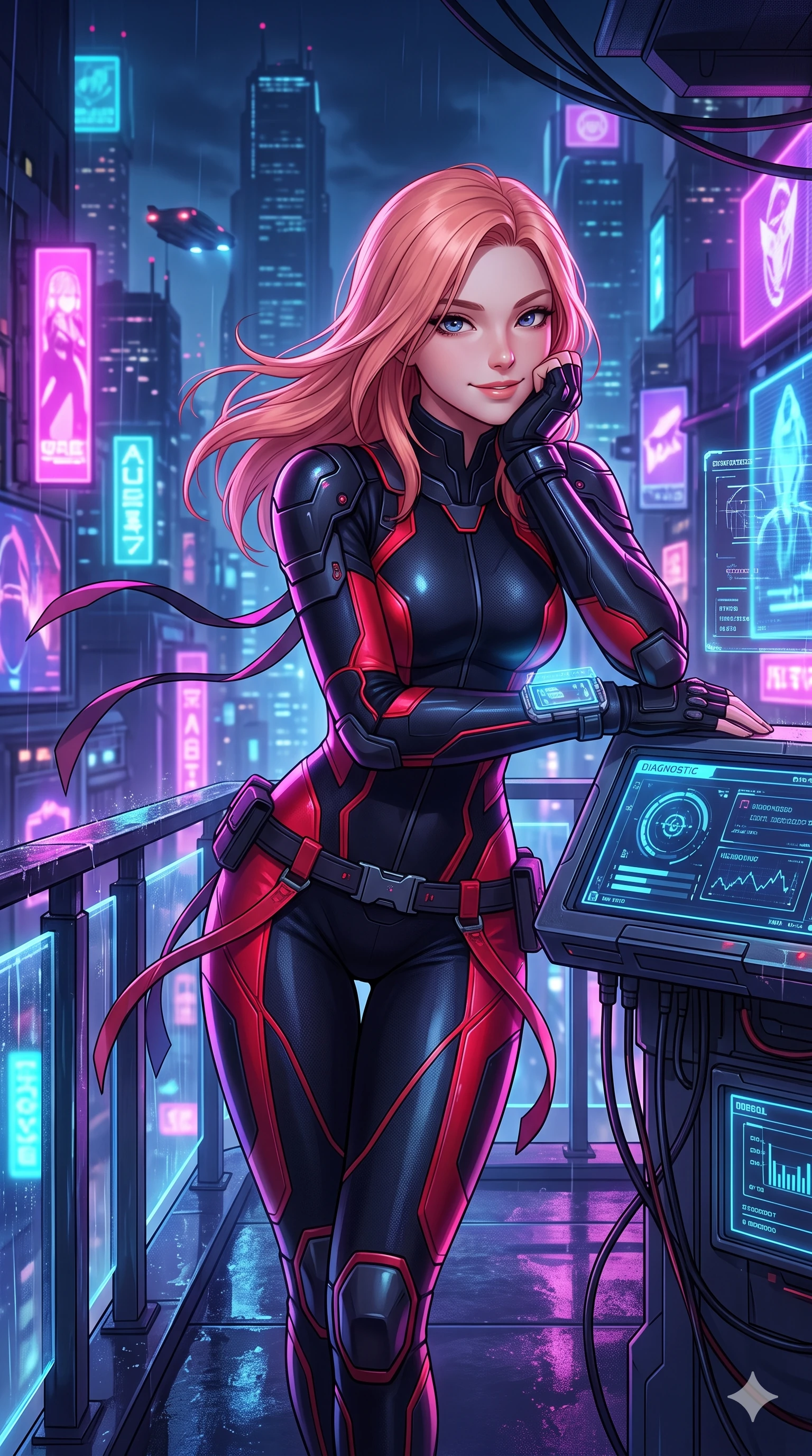 score_9, masterpiece, best quality, ultra-detailed, high-budget anime keyframe, semi-realistic 3D game render, editorial fashion photography, tasteful artistic composition, Japanese woman. close-up cowboy shot from the waist and thighs up, the character dominates the composition, filling the frame with her large presence. resting one elbow on the diagnostic terminal and supporting her chin, leaning close to the camera with parted glossy lips and sparkling eyes while executing a cheerful mid-motion pivot turn as her tactical belt and ribbons flutter around her slender legs, glancing over her shoulder with an intoxicating, teasing bedroom-gaze while standing on the open casino balcony. The surrounding environment is rendered in vivid detail and crisp panoramic clarity: intricate cyber-samurai armor accents, form-fitting latex weave, and rain-slicked high-tech balcony architecture in razor-sharp precision. She has an exceptionally elegant, slender, and willowy female figure with an ultra-slim waist, flat toned midriff, narrow ribcage, and sculpted feminine hips creating an alluring, slim hourglass silhouette without bulk. sharp v-shaped jawline, high-bridge nose, intricate jewel-like sparkling eyes with depth, thick eyelashes, glossy parted lips with a natural sheen, bright confident smile with an enchanting and coquettish sensual glint, exuding both youthful magnetic charm and sovereign high-tech allure, flawlessly proportioned anatomical accuracy, strict slender model proportions, natural body alignment, perfectly sculpted long slender limbs, ultra-slim waistline, clean dynamic posture without body distortion. wearing an ultra-sleek form-contouring thermal silicone composite catsuit adhering seamlessly like a second skin in midnight black lacquer and vibrant scarlet neon, made of flexible bullet-resistant ballistic microfiber with high-tensile strength, complemented by fingerless armored tactical gloves and a glowing holographic wrist terminal, the glove-like clinging cut tightly following the natural contour of her hips and long slender legs with youthful 8.5-heads elegance. bathed in the vibrant, highly saturated glow of magenta, electric cyan, and ultraviolet neon billboards. highly saturated vibrant anime colors, detailed shading with soft gradients, rich glossy textures, high-contrast stereoscopic depth, volumetric dynamic lighting, master piece, 9:16 ratio
