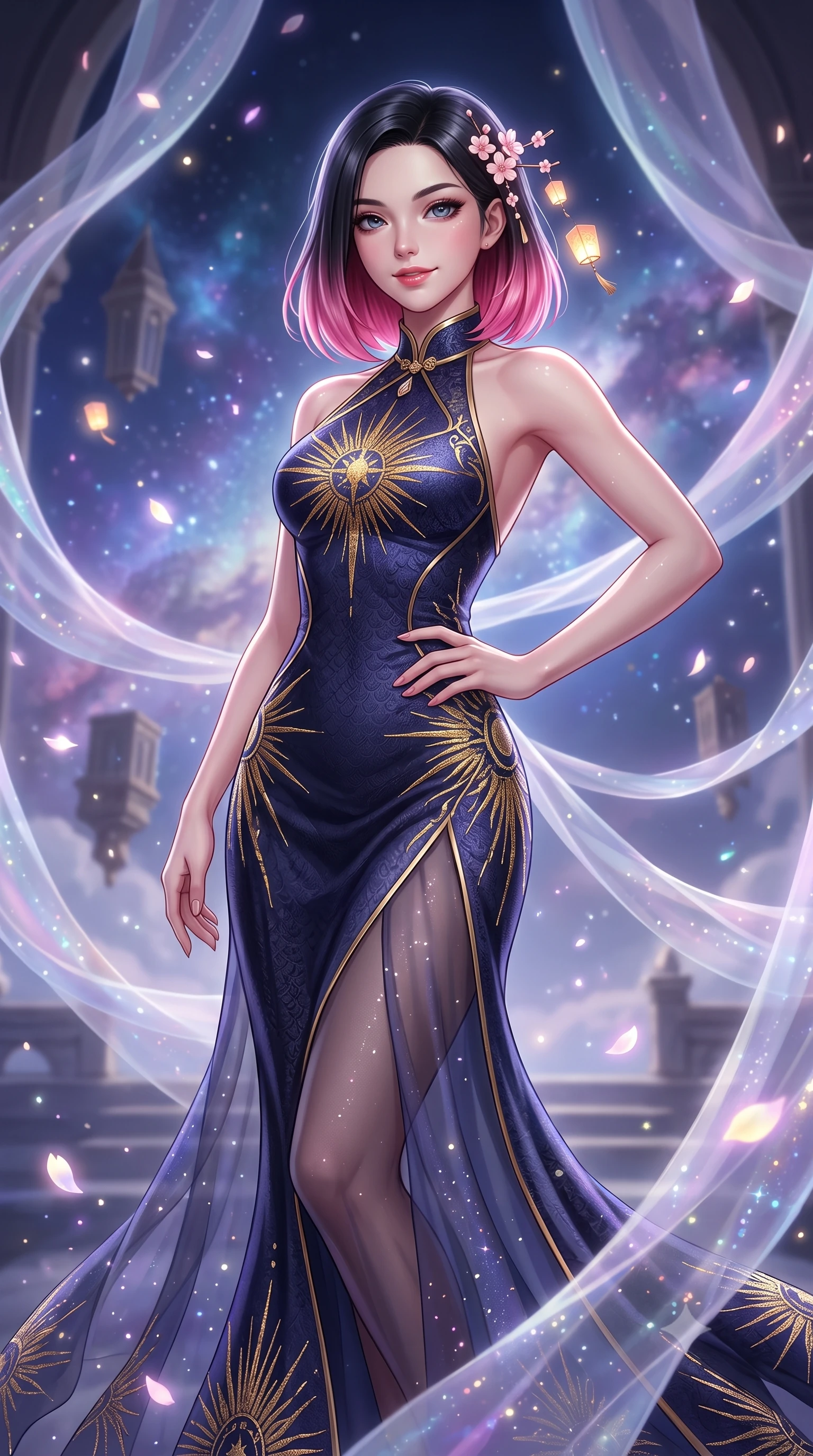score_9, masterpiece, best quality, ultra-detailed, high-budget anime keyframe, semi-realistic 3D game render, editorial fashion photography, tasteful artistic composition, Korean woman. close-up cowboy shot from the waist and thighs up, the character dominates the composition, filling the frame with her large presence. smiling with subtle, enchanting allure and glossy parted lips, one hand resting on her waist with effortless supermodel poise while floating weightlessly in a celestial sanctuary chamber where endless translucent silk ribbons and glowing star petals drift in zero gravity. The composition keeps background elements in soft focus with creamy bokeh. glowing starlight flecks and iridescent fabric sparkles scattering cosmic radiant light motes. She has an exceptionally elegant, slender, and willowy female figure with an ultra-slim waist, a gracefully sculpted slender torso, toned flat midriff, and a refined slim silhouette. sharp v-shaped jawline, high-bridge nose, intricate jewel-like eyes with depth, thick eyelashes, glossy lips with a natural sheen, captivating and magnetic expression, flawlessly proportioned anatomical accuracy, strict slender model proportions, natural body alignment, perfectly sculpted long slender limbs, ultra-slim waistline, clean dynamic posture without body distortion. wearing a celestial priestess halter gown with golden sunburst embroidery and sheer leg veils in midnight indigo and glowing starlight gold, made of rich textured jacquard silk with dragon scale weave, accessorized with delicate cherry blossom hairpins and glowing paper lantern charms, the sleek tailored cut tightly hugging her graceful clavicle, narrow waist, and feminine curves with statuesque precision. surrounded by an immortal, transcendent, and breathtakingly majestic cosmos empress aura. highly saturated vibrant anime colors, detailed shading with soft gradients, rich glossy textures, high-contrast stereoscopic depth, volumetric dynamic lighting, master piece, 9:16 ratio