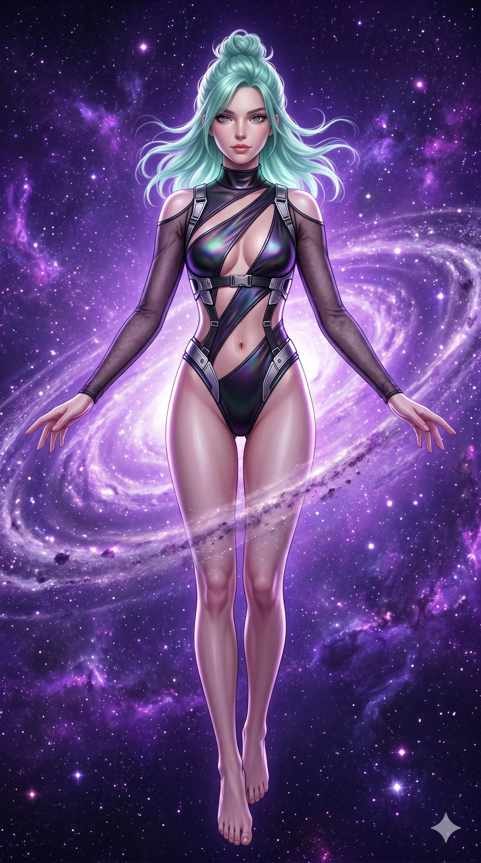 score_9, masterpiece, best quality, ultra-detailed, high-budget anime keyframe, editorial fashion photography, tasteful artistic composition, Japanese woman. Upper body close-up from the thighs up, character filling the screen for maximum presence. She is floating weightlessly inside a brilliant violet galaxy, surrounded by swirling cosmic dust rings. She spreads her arms in a graceful flying pose, looking toward the camera. She has an absolutely perfect 8-heads proportion, an exceptionally tall and slender female figure with impossibly long slender legs and an ultra-slim waist. V-shaped jawline, high-bridge nose, intricate jewel-like eyes with depth, thick eyelashes, glossy lips with a natural sheen. She is wearing an ultra-sleek high-cut tech-bodysuit featuring dangerous diagonal slitted cutouts on the midriff and shoulders, reinforced by a metallic silver harness and sheer mesh sleeves. The scene is bathed in brilliant purple starlight and a sharp white front key light highlighting her details. 2k, ultra detail, master piece, 9:16 ratio