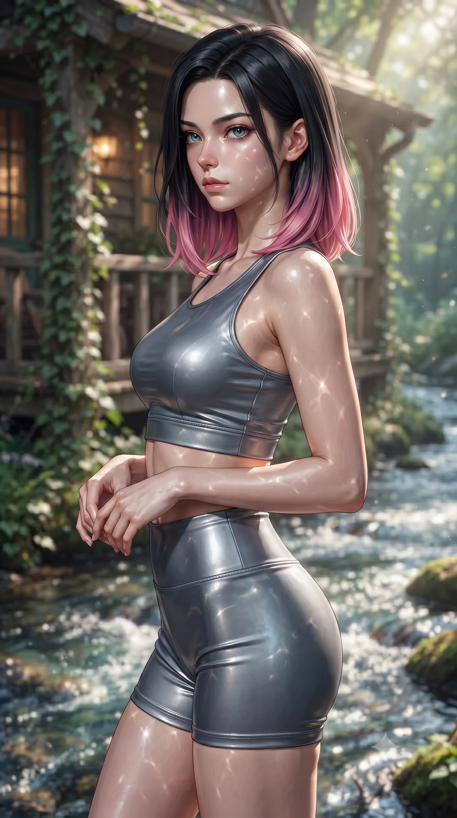 score_9, masterpiece, best quality, ultra-detailed, high-budget anime keyframe, editorial fashion photography, tasteful artistic composition, Korean woman woman. close-up cowboy shot from the waist and thighs up, the character dominates the composition, filling the frame with her large presence, background elements kept in soft focus. turning her face in sharp profile, casting a cold, mysterious, yet intensely alluring side gaze, the background shows a soft-focus a cozy cottage porch beside a bubbling forest stream with clear running water. She has an exceptionally elegant, slender, and willowy female figure with an ultra-slim waist, a gracefully sculpted slender torso, and a refined silhouette. sharp v-shaped jawline, high-bridge nose, intricate jewel-like eyes with depth, thick eyelashes, glossy lips with a natural sheen. wearing a form-contouring body-hugging athletic crop top and high-waisted shorts set in slate grey. dappled sunbeams reflecting off the moving water surface onto her form. ultra-reflective glossy finish, specular highlights, metallic sheen, high-contrast stereoscopic depth, volumetric dynamic lighting, 2k, ultra detail, master piece, 9:16 ratio