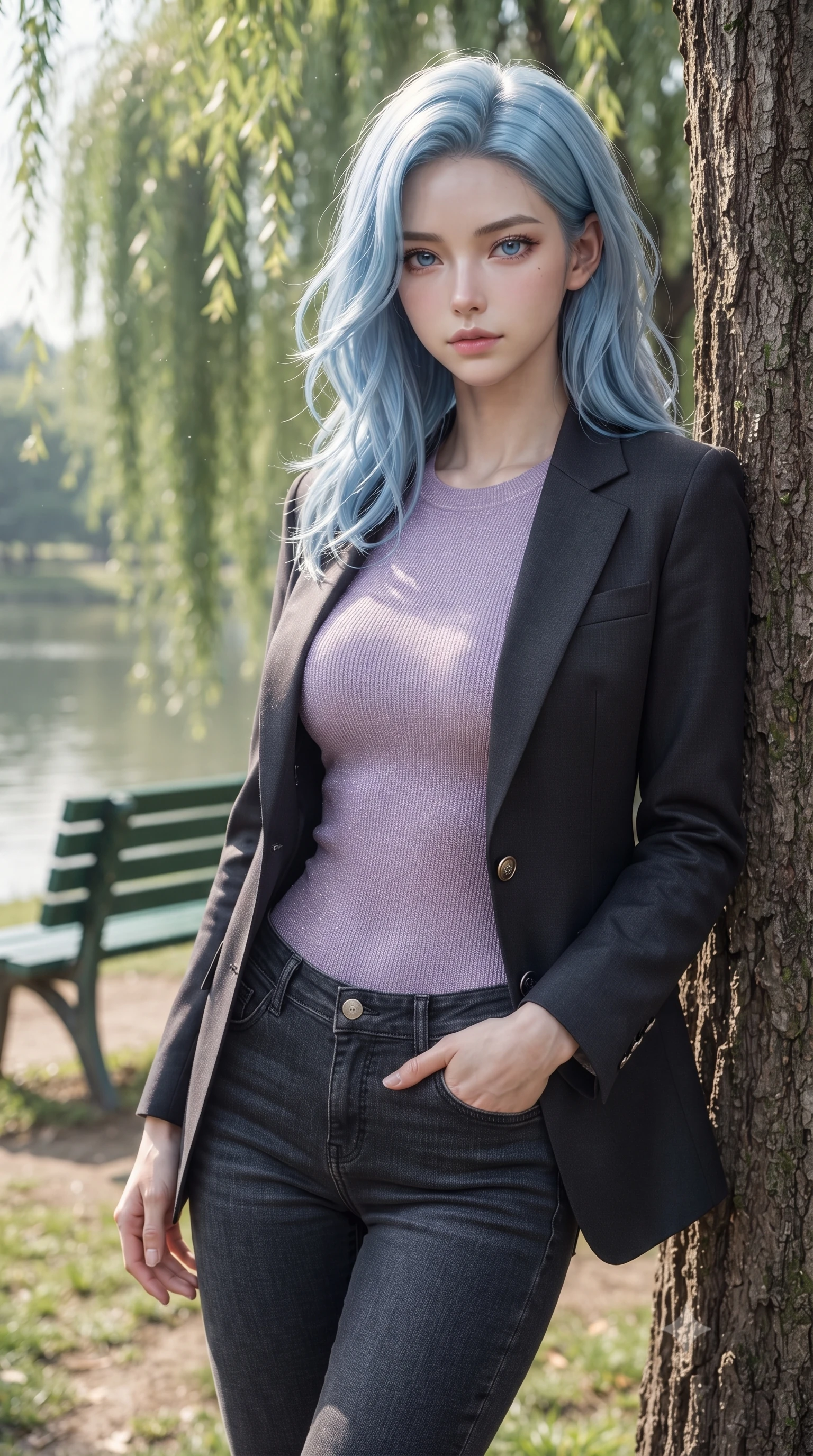 score_9, masterpiece, best quality, ultra-detailed, high-budget anime keyframe, editorial fashion photography, tasteful artistic composition, Korean woman woman. close-up cowboy shot from the waist and thighs up, the character dominates the composition, filling the frame with her large presence, background elements kept in soft focus. standing relaxed against a tree trunk, sharing a quiet, serene moment with the viewer the background shows a soft-focus a green park bench under a large weeping willow tree near a calm lake. She has an exceptionally elegant, slender, and willowy female figure with an ultra-slim waist, a gracefully sculpted slender torso, and a refined silhouette. sharp v-shaped jawline, high-bridge nose, intricate jewel-like eyes with depth, thick eyelashes, glossy lips with a natural sheen. wearing a body-hugging tight-fitting lavender knit bodysuit worn under a tailored open blazer and jeans. dappled sunbeams filtering through the willow leaves onto the grass. ultra-reflective glossy finish, specular highlights, metallic sheen, high-contrast stereoscopic depth, volumetric dynamic lighting, 2k, ultra detail, master piece, 9:16 ratio
