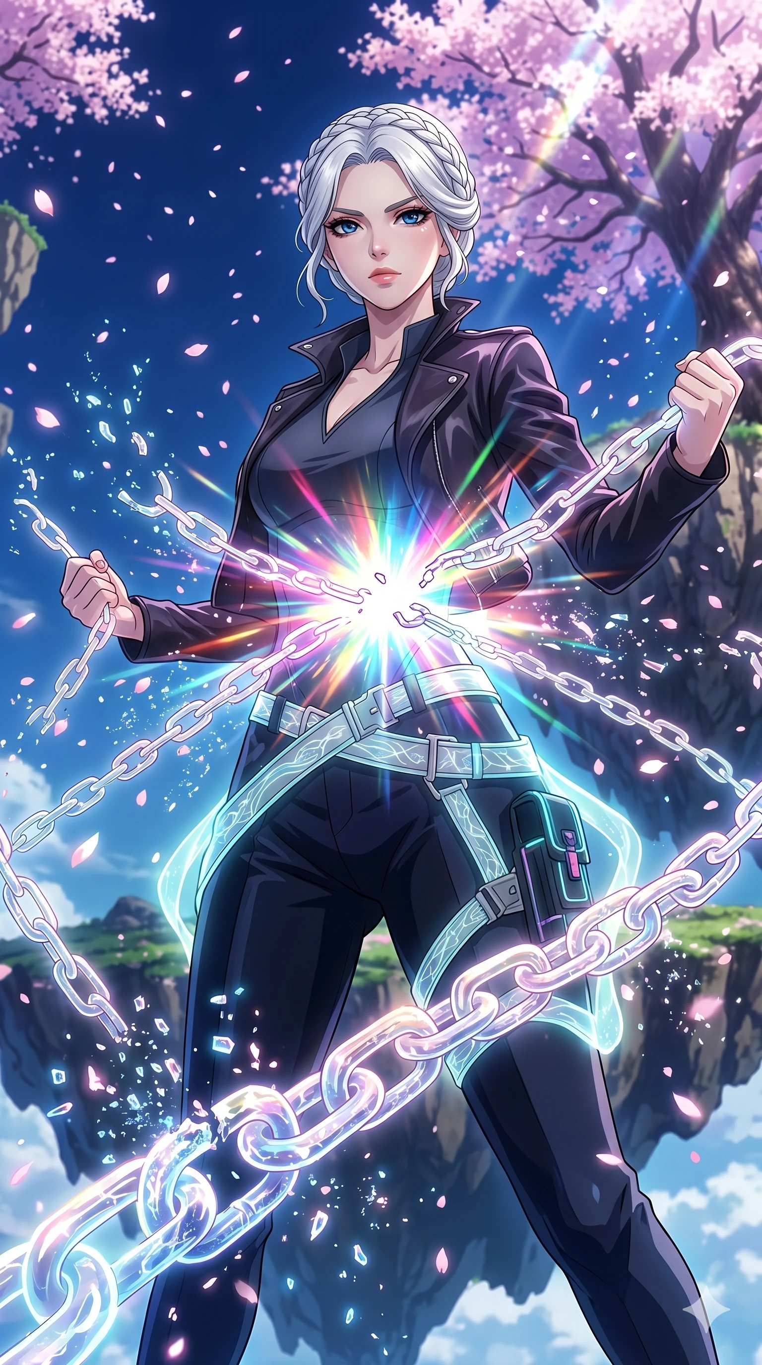 score_9, masterpiece, best quality, ultra-detailed, High-budget Anime Keyframe, vibrant colors, fluid line-art, expressive lighting, cinematic composition, Ufotable-style visual effects, top-tier animation quality, Japanese woman with delicate and elegant anime-inspired features. Cinematic low angle perspective showcasing her towering height and well-proportioned figure. Breaking free from glowing energy chains with a powerful burst of inner light, the links shattering into digital dust. She has an well-proportioned figure, an tall and elegant figure with elegant legs and an graceful posture, her statuesque height and towering silhouette dominating the vertical 9:16 frame. Her face is a masterpiece featuring a sharp v-shaped jawline, high-bridge nose, intricate jewel-like eyes with depth, thick eyelashes, and glossy lips with a natural sheen. She is wearing a with a stylishly open collar leather jacket over a elegant top and a stylish belt harness crafted from Bioluminescent silk that emits a soft, ethereal glow from within the fabric, with integrated neon-lit tactical gear and intricate seam details. The scene is set in an ancient floating island with pink cherry blossoms falling like snow against a blue sky, illuminated by dynamic strobe effects that capture her movement in a series of sharp fragments. 2k, ultra detail, master piece, 9:16 ratio