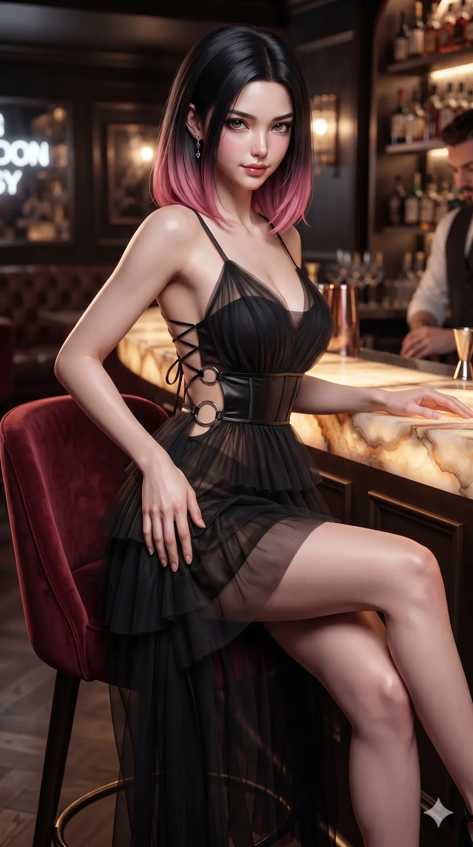 score_9, masterpiece, best quality, ultra-detailed, high-budget anime keyframe, editorial fashion photography, tasteful artistic composition, Korean woman. close-up cowboy shot from the waist and thighs up, the character dominates the composition, filling the frame with her large presence. tilting her head with a teasing half-smile, running one hand slowly down the side of her hip in a flirtatious S-curve as ambient neon caresses her silhouette while perched on a high velvet barstool with one leg crossed, resting one hand on the backlit onyx counter while casting a smoldering sidelong gaze. The background shows a soft-focus exclusive London speakeasy atmosphere softened in intimate barroom shallow focus. She has an exceptionally elegant, slender, and willowy female figure with an ultra-slim waist, flat toned midriff, narrow ribcage, and sculpted feminine hips creating an alluring, slim hourglass silhouette without bulk. sharp v-shaped jawline, high-bridge nose, intricate jewel-like dark sparkling eyes with dangerous depth, thick curled eyelashes, glossy parted lips with a rich wine sheen, smoldering seductive half-smile with bedroom-eyes, exuding effortless superiority and intoxicating dark allure, flawlessly proportioned anatomical accuracy, strict slender model proportions, natural body alignment, perfectly sculpted long slender limbs, ultra-slim waistline, clean dynamic posture without body distortion. wearing a tiered semi-sheer black tulle and silk slip dress with an ultra-slim corseted waist and bare shoulders in metallic liquid silver and pitch black, featuring fine criss-cross satin back lacing tracing her slender spine, accented with sculptural chrome hardware rings framing the subtle cutouts, the form-fitting cut adhering flawlessly to her sculpted flat midriff and slender torso, emphasizing her long leg lines and perfectly proportioned willowy build. illuminated by mirror reflection bounce and sharp bronze-champagne rim lights sculpting her razor-sharp jawline, narrow waist, and curvy hips. ultra-reflective glossy finish, specular highlights, rich textural contrasts, high-contrast stereoscopic depth, volumetric dynamic lighting, 2k, ultra detail, master piece, 9:16 ratio