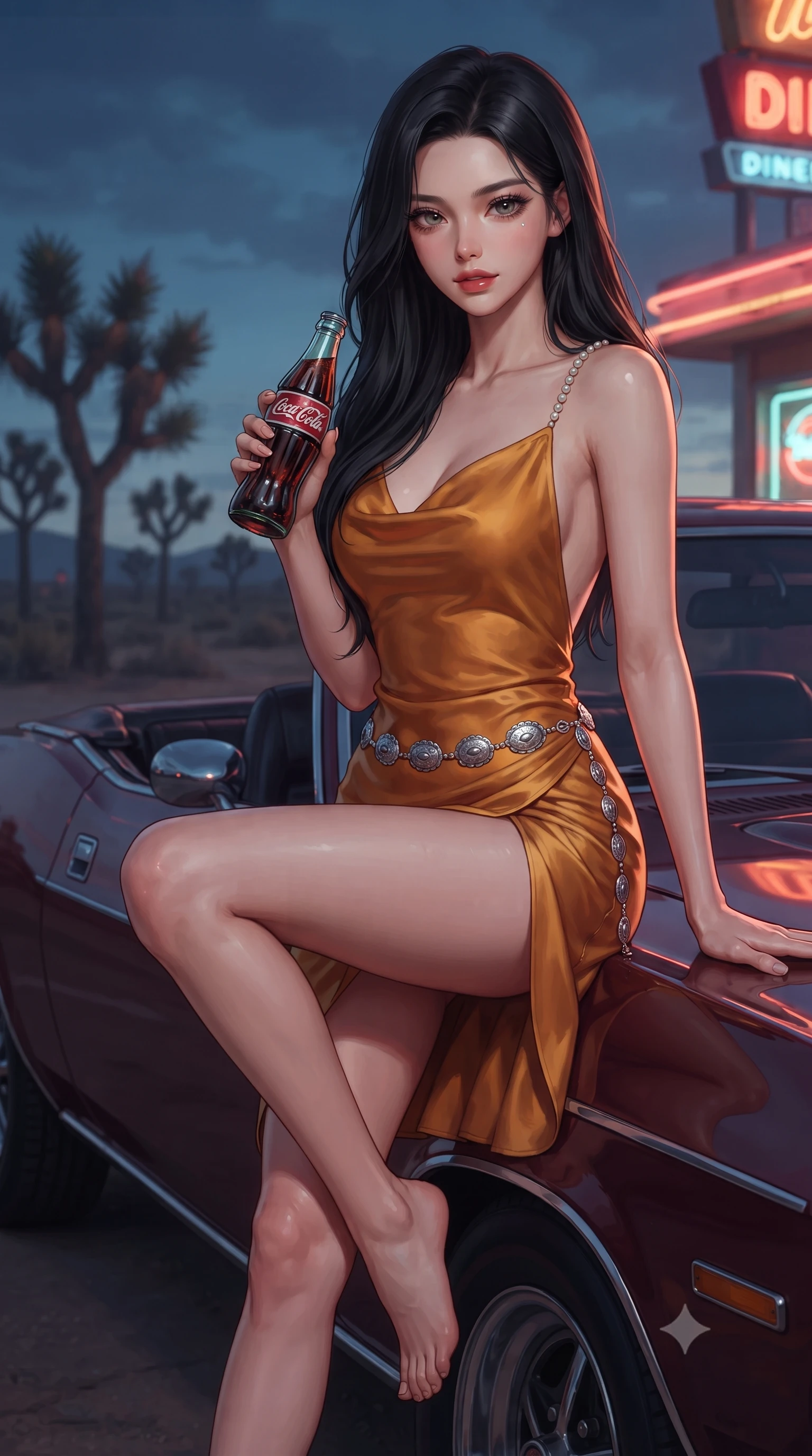 score_9, masterpiece, best quality, ultra-detailed, high-budget anime keyframe, editorial fashion photography, tasteful artistic composition, Korean woman. close-up cowboy shot from the waist and thighs up, the character dominates the composition, filling the frame with her large presence. perched sideways on the lounge seat, one knee drawn up to showcase her slender leg line while her arched back accentuates her feminine hip curve while sitting perched on the front fender of a vintage muscle car with legs crossed, holding an ice-cold cola with effortless retro charm. The background shows a soft-focus distant yucca trees softened in moody twilight roadside shallow focus. She has an exceptionally elegant, slender, and willowy female figure with an ultra-slim waist, flat toned midriff, narrow ribcage, and sculpted feminine hips creating an alluring, slim hourglass silhouette without bulk. sharp v-shaped jawline, high-bridge nose, sparkling eyes with hypnotic seductive depth, thick curled eyelashes, glossy parted lips with a natural dewy peach sheen, alluring bedroom-eyes with an enchanting coquettish smile, exuding magnetic siren charisma and sophisticated glamour, flawlessly proportioned anatomical accuracy, strict slender model proportions, natural body alignment, perfectly sculpted long slender limbs, ultra-slim waistline, clean dynamic posture without body distortion. wearing a slinky backless cowl-neck silk satin beach slip mini dress with dainty pearl spaghetti straps in warm amber honey and antique gold leaf, tailored from second-skin technical compression neoprene with athletic curve-sculpting stretch, accented with an intricate silver concho waist chain resting loosely on her curvy hips, the high-slit wrap tailoring accentuating her ultra-slim waistline and the enchanting curve of her feminine hips with alluring seductive charm. bathed in the warm glow of flickering neon signage mixed with rich twilight desert sky fill. ultra-reflective glossy finish, specular highlights, rich textural contrasts, high-contrast stereoscopic depth, volumetric dynamic lighting, 2k, ultra detail, master piece, 9:16 ratio