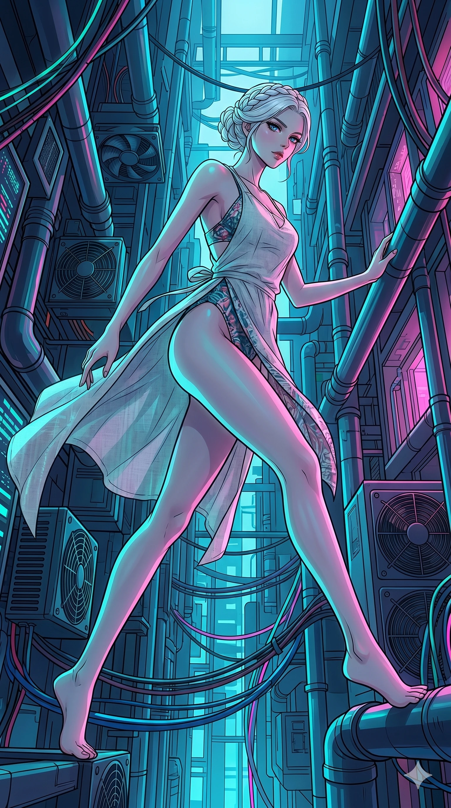 score_9, masterpiece, best quality, ultra-detailed, high-budget anime movie keyframe, cinematic anime lighting, intricate line art, Caucasian (strictly human ears) anime girl. Dynamic full-body shot stretching the vertical silhouette with extreme perspective. navigating a neon-lit labyrinth of data-pipes and cooling fans. She has an absolutely perfect 8-heads proportion, an exceptionally tall and slender female figure with an ultra-slim waist and impossibly long slender legs. strictly human anatomy, two legs only, no extra limbs, clearly defined legs and arms, perfect anatomy, perfect hands and fingers. sharp v-shaped jawline, high-bridge nose, intricate jewel-like eyes, thick eyelashes, glossy lips. Wearing Seasonal/Resort: High-cut one-piece with sarong, linen sundress with tie-back, and sheer fabric wrap. The scene is illuminated by dramatic atmospheric lighting and vibrant color palettes. , 2k, ultra detail, master piece, 9:16 ratio