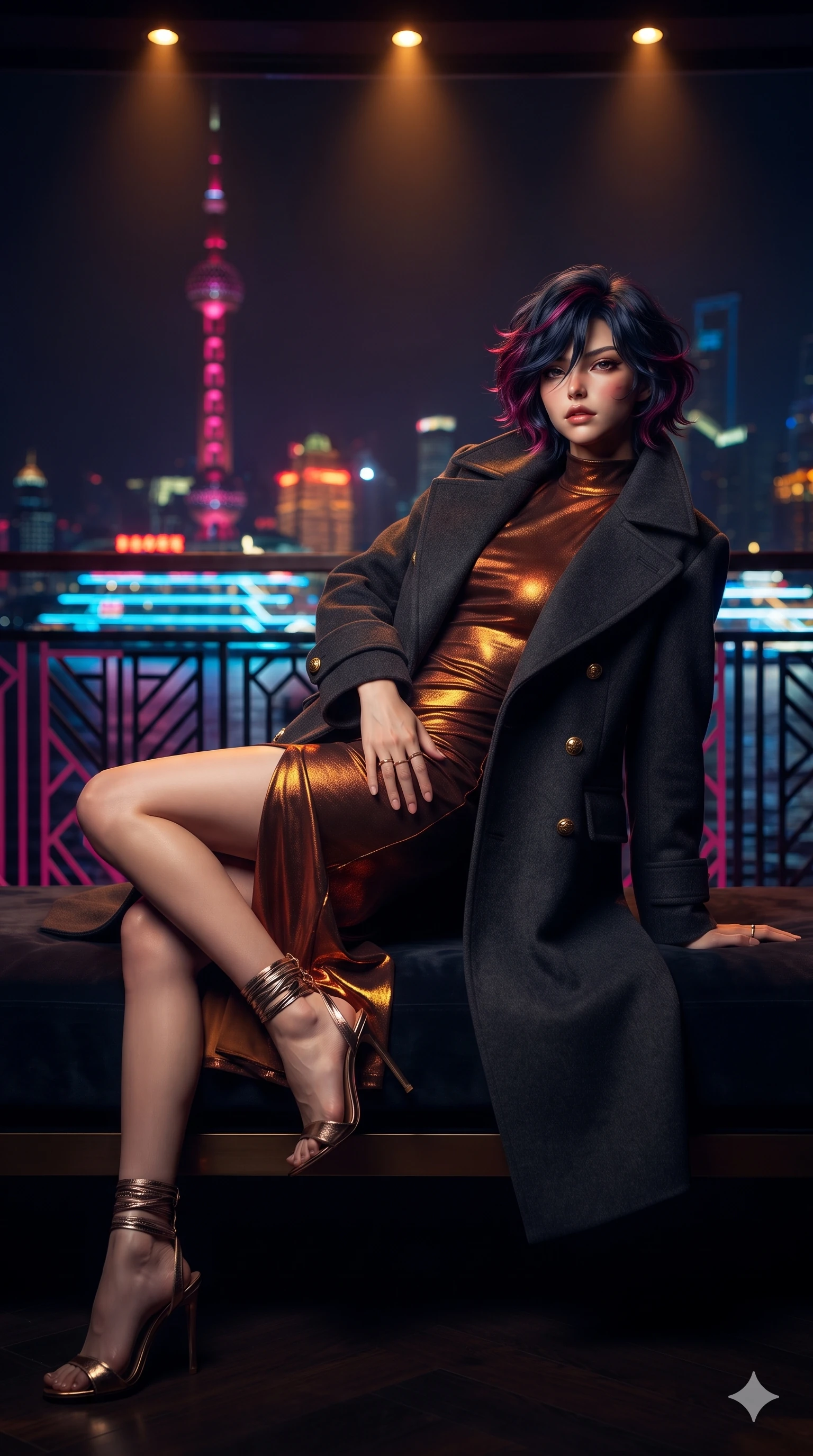 score_9, masterpiece, best quality, ultra-detailed, high-budget anime keyframe, editorial fashion photography, tasteful artistic composition, Korean woman. low angle full-body shot from head to toe showing her feet, filling the entire 9:16 vertical frame with her statuesque presence, stretching her vertical silhouette. reclining on her side in an elegant Cleopatra pose with one knee drawn up, the dramatic contour of her rounded hips and long slender legs commanding the 9:16 vertical frame while arching her spine backward with effortless dancer poise, one hand sliding along her hip line as vibrant Pudong neon neon washes across her silhouette. The background shows a soft-focus blazing neon spires of the Oriental Pearl Tower, illuminated Huangpu river cruise ships, and geometric Art Deco railings blurred into magenta, electric cyan, and deep obsidian bokeh. She has an exceptionally tall and slender model-like 8.5-heads proportion, an ultra-slim waist, a flat toned midriff, narrow delicate ribcage, and beautifully sculpted feminine hips creating a graceful, slim hourglass silhouette without any bulky heaviness, with impossibly long slender legs. sharp v-shaped jawline, high-bridge nose, intricate jewel-like sparkling eyes with depth, thick eyelashes, glossy parted lips with a natural sheen, intensely captivating and seductive bedroom-eyes expression, exuding both youthful cute charm and sovereign luxury allure, flawlessly proportioned anatomical accuracy, strict slender model proportions, natural body alignment, perfectly sculpted long slender limbs, ultra-slim waistline, clean dynamic posture without body distortion. wearing a structured Belle Époque cashmere opera greatcoat with polished brass crest buttons layered over a high-neck slip in rich copper bronze and warm amber, crafted from luxurious metallic lamé that shifts radiance with every step, complemented by strappy stiletto sandals with metallic ankle wraps accentuating her slender calves, the bespoke structured tailoring following the natural line of her 8.5-heads silhouette with refined elegance. bathed in vibrant magenta and electric cyan river skyline reflections contrasting with warm amber interior downlights. ultra-reflective glossy finish, specular highlights, rich textural contrasts, high-contrast stereoscopic depth, volumetric dynamic lighting, 2k, ultra detail, master piece, 9:16 ratio