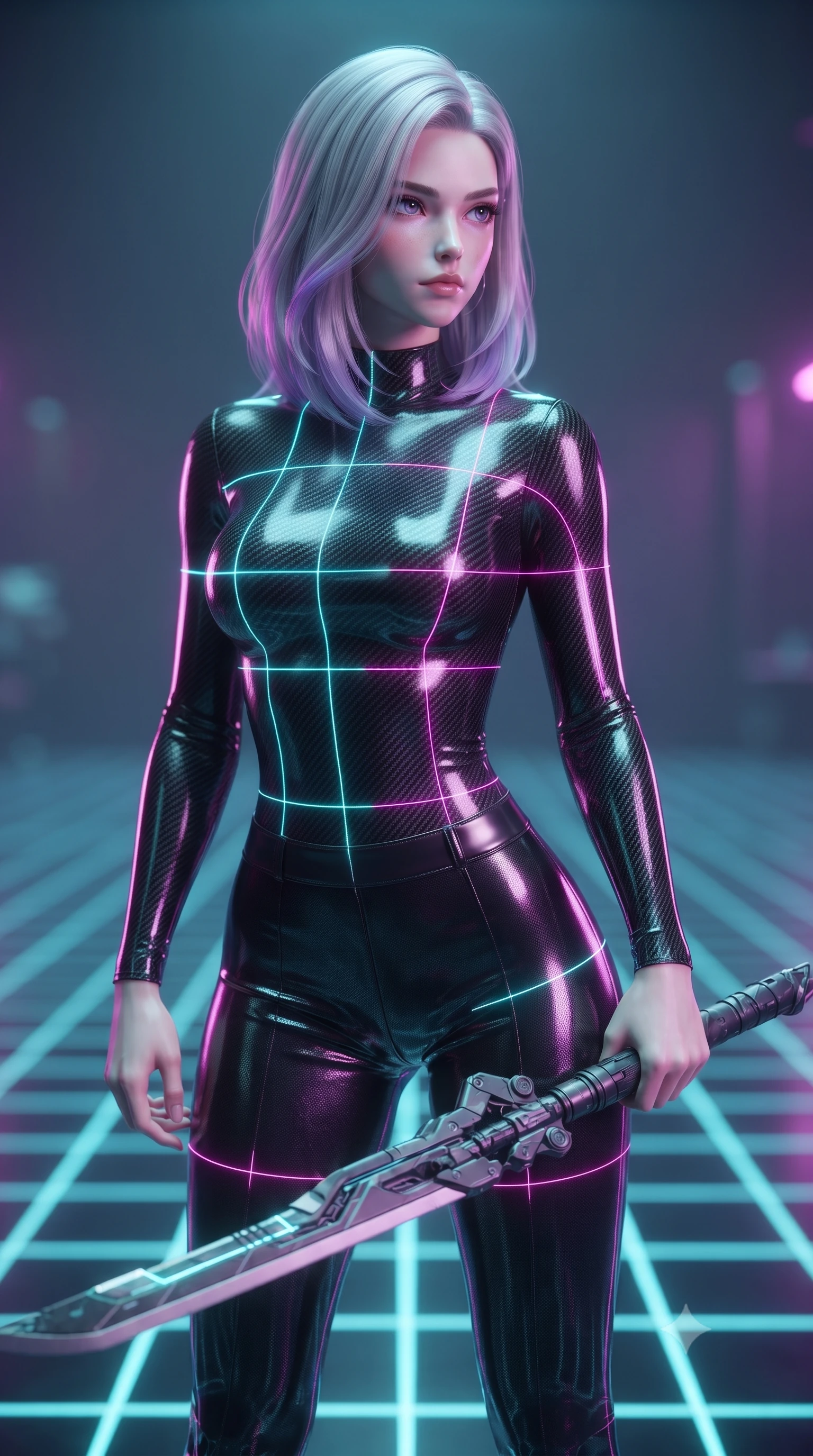 score_9, masterpiece, best quality, ultra-detailed, high-budget anime keyframe, editorial fashion photography, tasteful artistic composition, Caucasian woman. close-up cowboy shot from the waist and thighs up, the character dominates the composition, filling the frame with her large presence, background elements kept in soft focus. holding a deactivated nanotech glaive, looking past the camera with quiet, sharp focus and a composed expression, the background shows a soft-focus a futuristic virtual training room with an infinite neon grid floor. She has an exceptionally elegant, slender, and willowy female figure with an ultra-slim waist, a gracefully sculpted slender torso, and a refined silhouette. sharp v-shaped jawline, high-bridge nose, intricate jewel-like eyes with depth, thick eyelashes, glossy lips with a natural sheen. wearing a form-contouring form-fitting carbon-weave long-sleeve top paired with tight-fitting black carbon-fiber pants. bright cyan and magenta laser lines projecting neon patterns across her form. ultra-reflective glossy finish, specular highlights, metallic sheen, high-contrast stereoscopic depth, volumetric dynamic lighting, 2k, ultra detail, master piece, 9:16 ratio