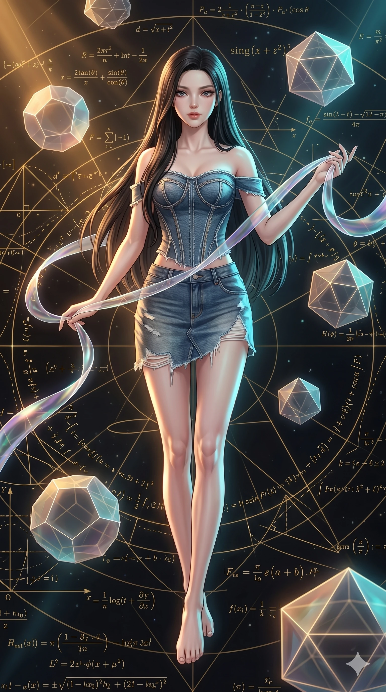 score_9, masterpiece, best quality, ultra-detailed, high-budget anime keyframe, Korean woman. low angle full-body shot filling the entire 9:16 frame with her statuesque presence, stretching the vertical silhouette. floating gracefully in a mathematical mandala void filled with golden geometric lines of complex formulas, holding a translucent ribbon as she glides between floating regular polyhedrons. She has an absolutely perfect 8-heads proportion, an exceptionally tall and slender female figure with impossibly long slender legs and an ultra-slim waist. V-shaped jawline, high-bridge nose, intricate jewel-like eyes with depth, thick eyelashes, glossy lips with a natural sheen.. wearing a deconstructed denim corset and an asymmetric ripped denim micro-skirt, showcasing a rugged yet chic off-shoulder style. showcasing a beautiful play of light and shadow, with warm golden rays clashing against cool cyan highlights. 2k, ultra detail, master piece, 9:16 ratio