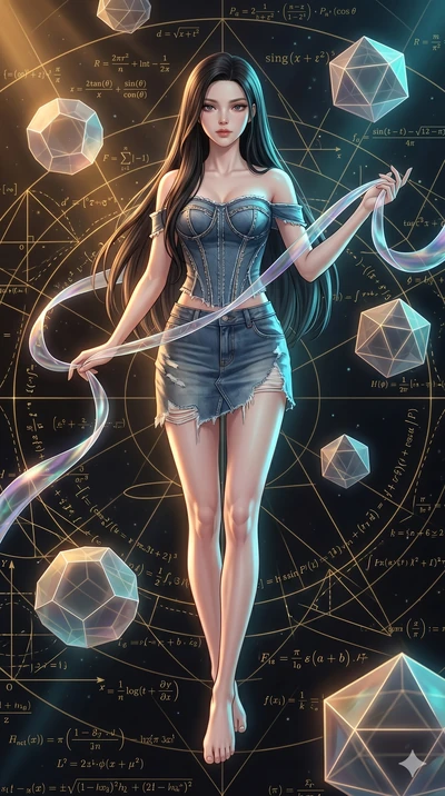 score_9, masterpiece, best quality, ultra-detailed, high-budget anime keyframe, Korean woman. low angle full-body shot filling the entire 9:16 frame with her statuesque presence, stretching the vertical silhouette. floating gracefully in a mathematic