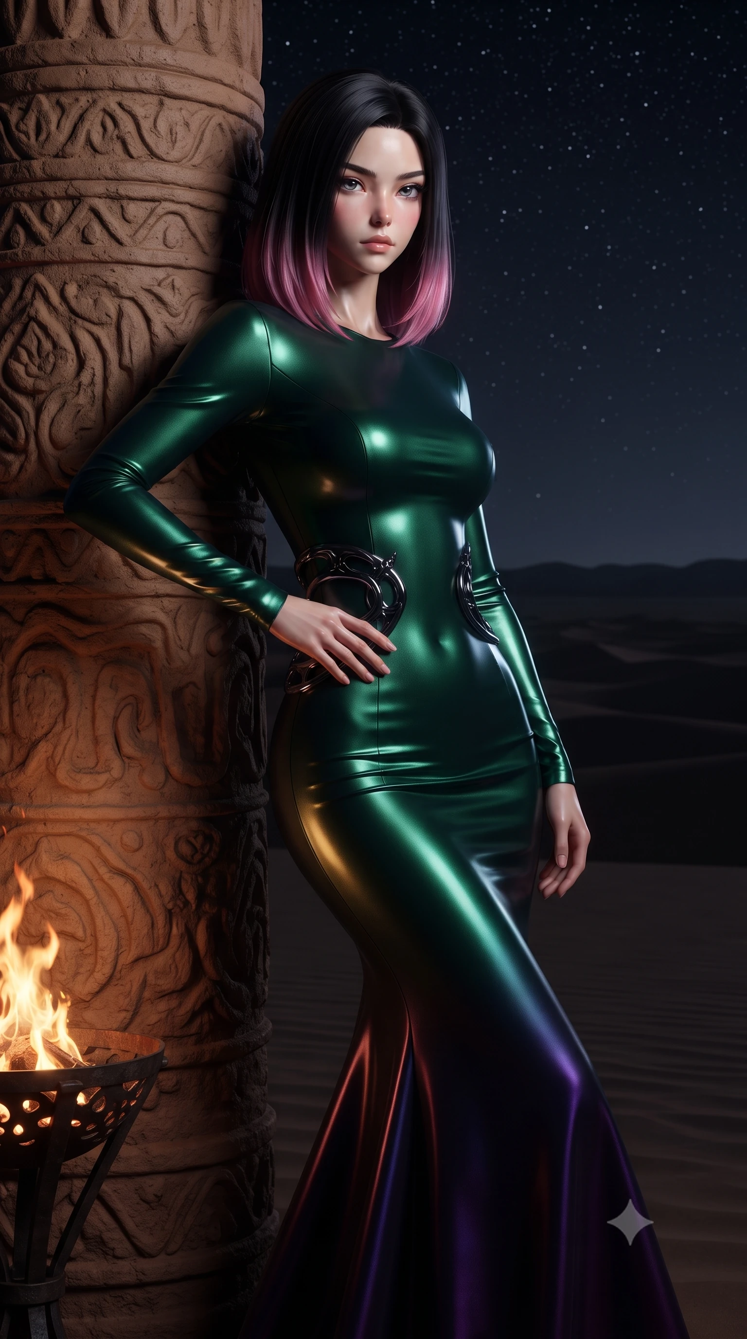 score_9, masterpiece, best quality, ultra-detailed, high-budget anime keyframe, editorial fashion photography, tasteful artistic composition, Korean woman. close-up cowboy shot from the waist and thighs up, the character dominates the composition, filling the frame with her large presence, background elements kept in soft focus. Holding a confident power pose with one hand on her hip, resting against a carved clay pillar looking out at a dark desert horizon, dark desert sand dunes stretching silently into a pitch-black starry sky. She has an exceptionally elegant, slender, and willowy female figure with an ultra-slim waist, a gracefully sculpted slender torso, and a refined silhouette. sharp v-shaped jawline, high-bridge nose, intricate jewel-like eyes with depth, thick eyelashes, glossy lips with a natural sheen. wearing fitted liquid mercury jersey maxi dress hugging every curve in deep emerald green, made of iridescent dark violet taffeta, accented with sculpted obsidian chrome rings at the waist, highlighting her statuesque proportions and ultra-slim waistline. illuminated by warm flickering brazier rays and cold silver starlight from above. ultra-reflective glossy finish, specular highlights, metallic sheen, high-contrast stereoscopic depth, volumetric dynamic lighting, 2k, ultra detail, master piece, 9:16 ratio